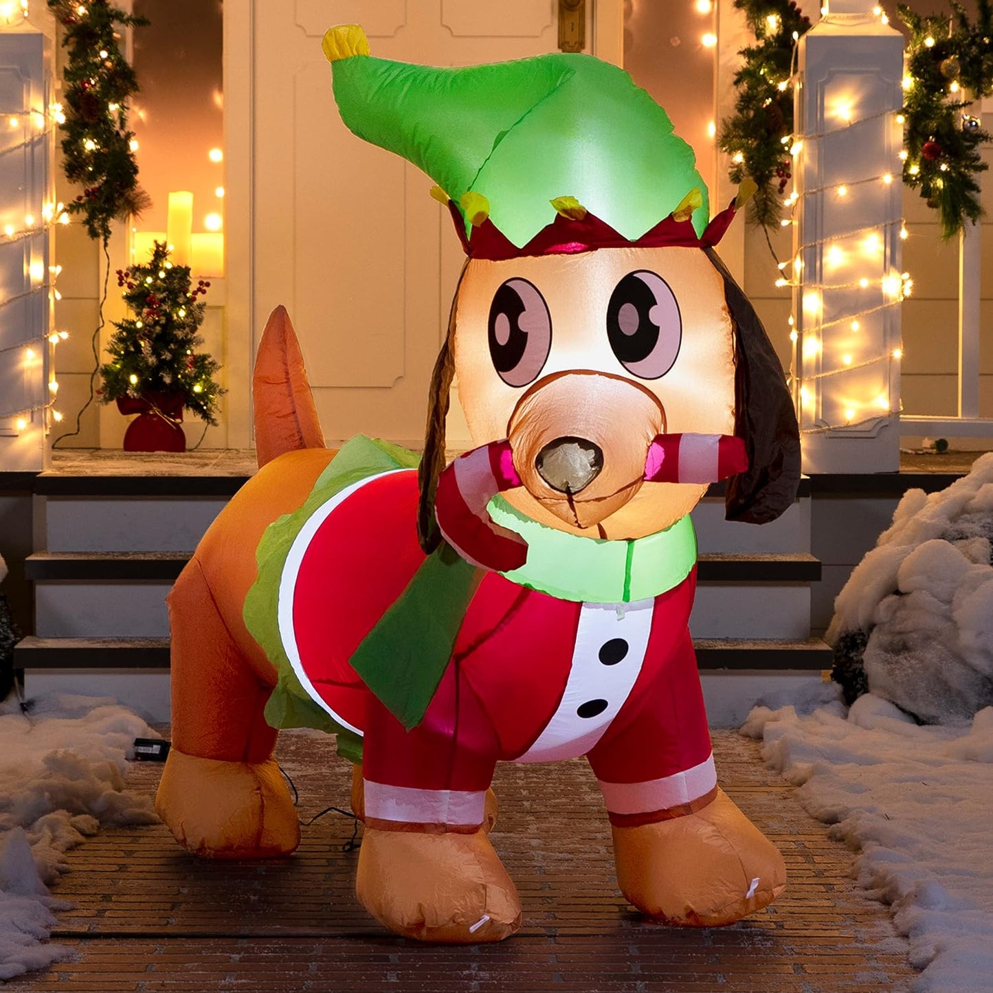Joyfy 6 FT Christmas Inflatables Dog Outdoor Decorations,Christmas Puppy Holding A Candy Cane Blow Ups Yard with Built-in LEDs for Holiday Party Garden Lawn Decor