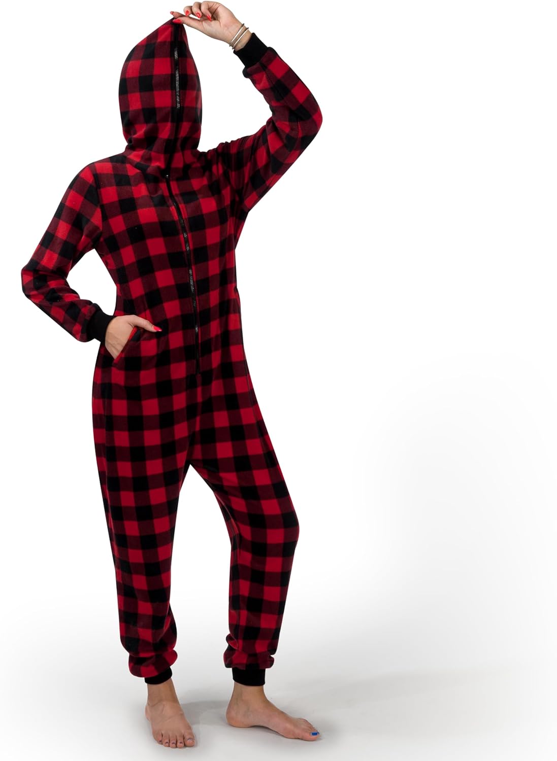 SYNCFUN Christmas Onesies for Women,Adult Fleece Plaid Hoodie Full Zipper Onesie Pajamas for Women,Holiday Pajamas for Women