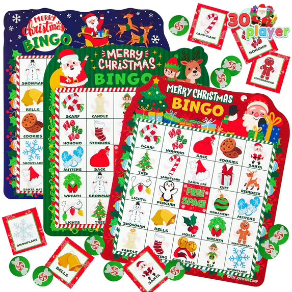 Joyfy 30 Players Christmas Bingo Cards for Kids Family Activities, 3 Colors Party Card Games, School Classroom Games, Holiday Winter Bingo for Xmas Party Supplies Adults Indoor Party Games