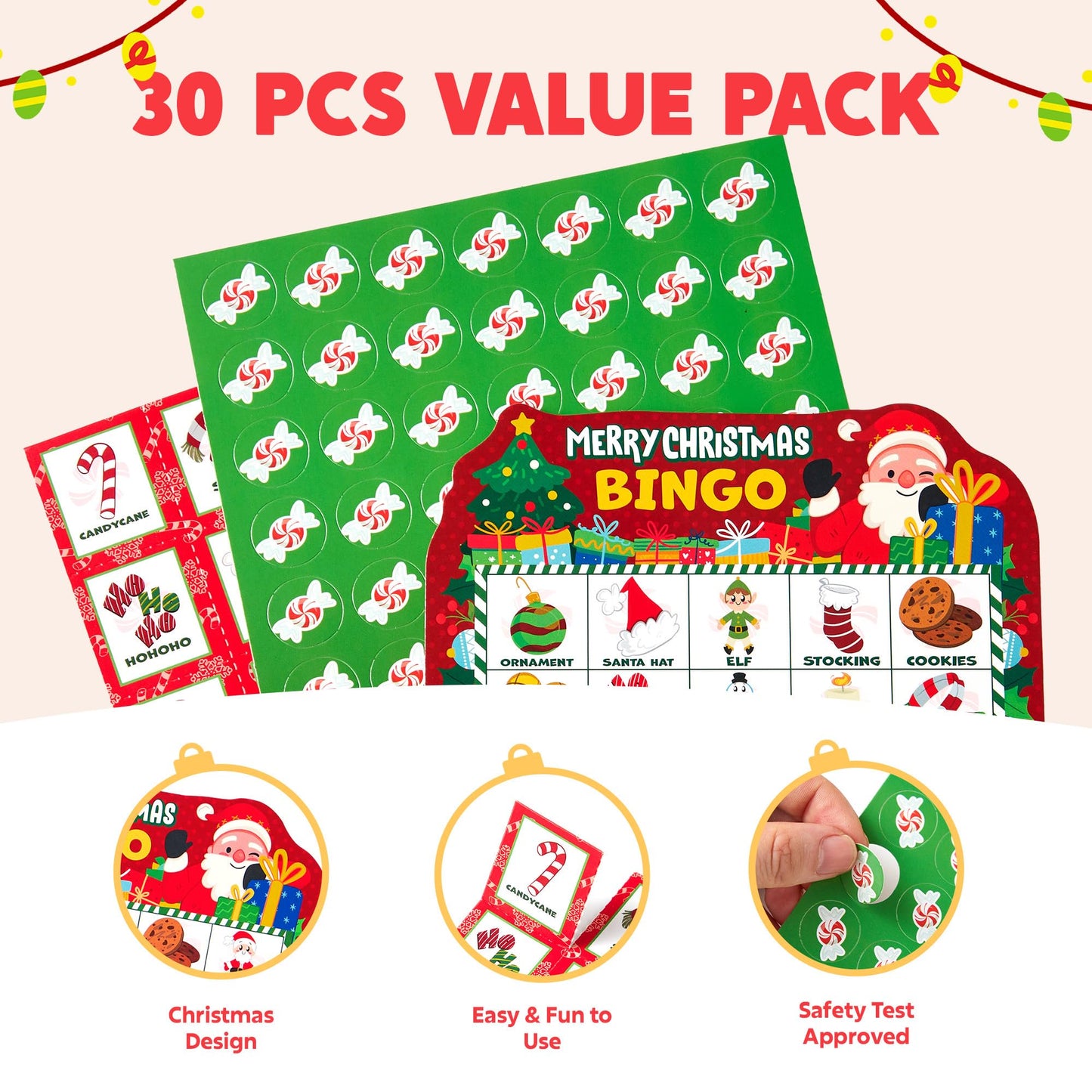 Joyfy 30 Players Christmas Bingo Cards for Kids Family Activities, 3 Colors Party Card Games, School Classroom Games, Holiday Winter Bingo for Xmas Party Supplies Adults Indoor Party Games