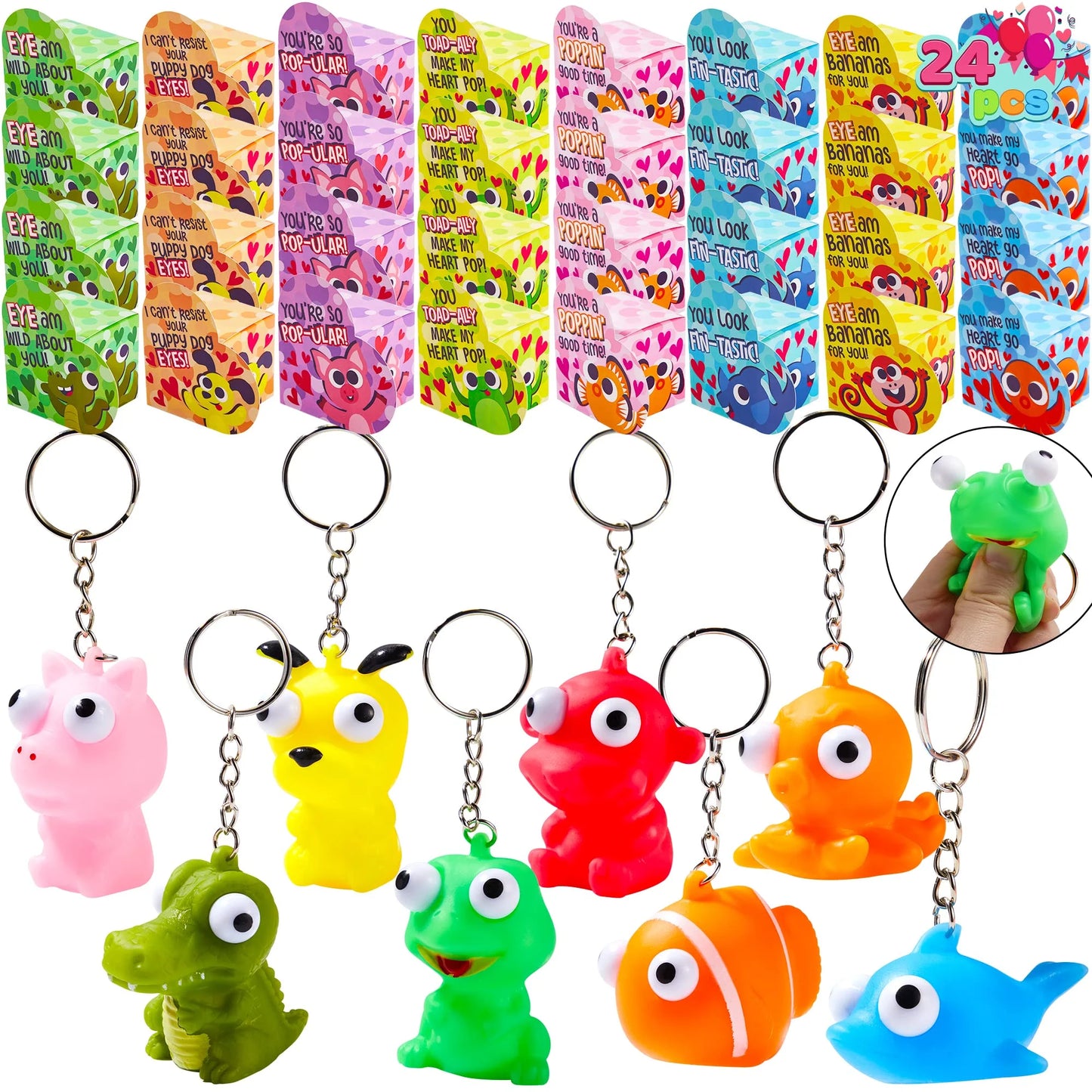 48pcs (24 Valentines Cards with 24 Pop Eye Animal Keychains) for Kids, Valentines Gifts with Heart Boxes, Fidget Valentines Toys for Kids School Class Exchange, Stress Relief Toys