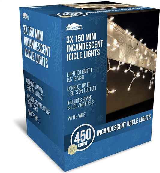Syncfun 3 Pack of 150 Christmas Icicle lights, Warm White Incandescent Christmas Lights for Garden Party Xmas Tree Decoration (Lighted Length 8.5 Feet)