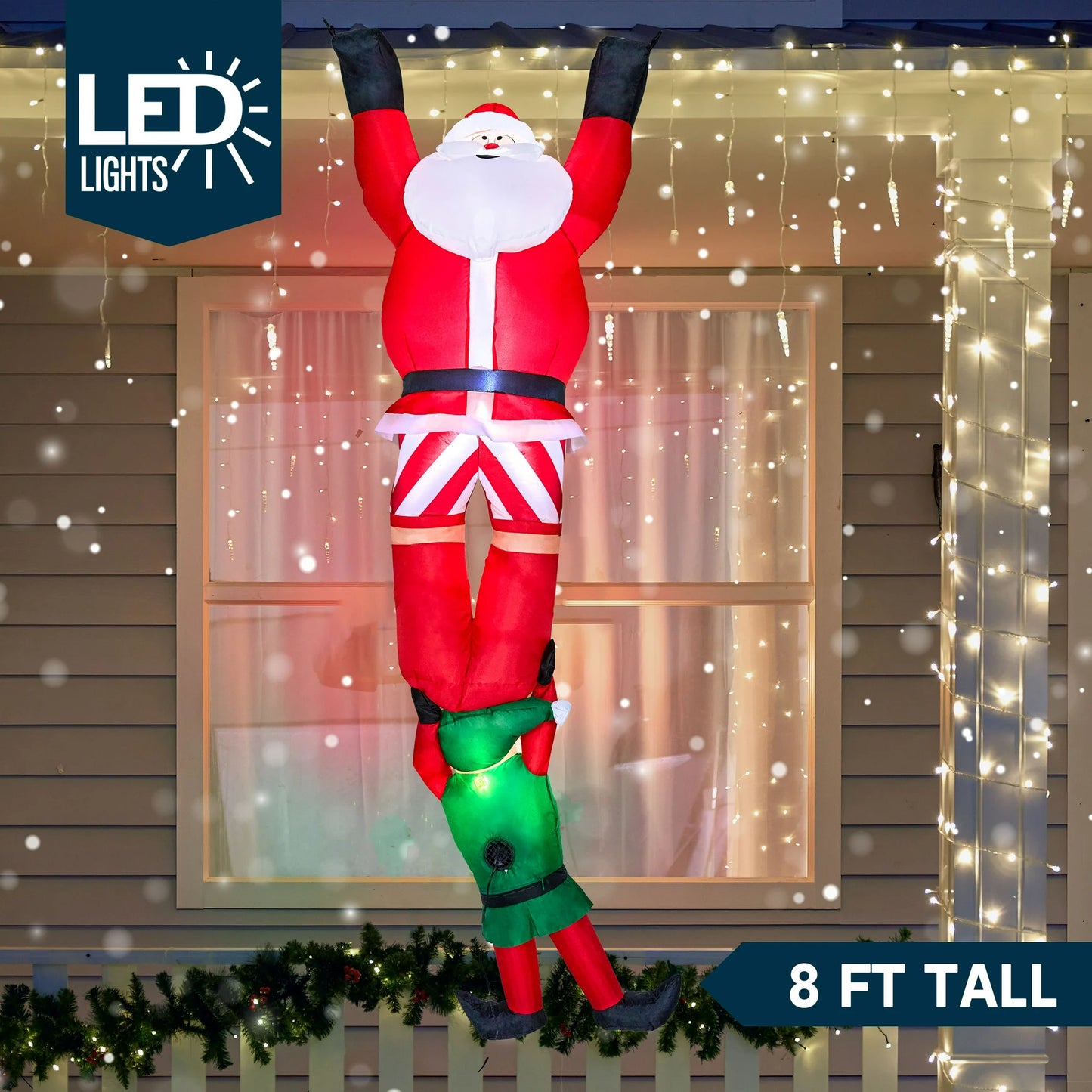 Joyfy 8 FT Christmas Inflatables Santa Outdoor Decorations,Climbing Santa with Falling Elf Christmas Blow Ups Yard Christmas with Built-in LEDs for Holiday Party Garden Decor