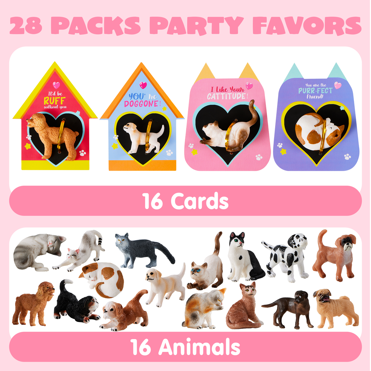 16 Pack Valentines Day Card with Dog and Cat Figure Toys for Valentine Kids Party Favor, Classroom Exchange Prizes, Valentine’s Greeting Cards