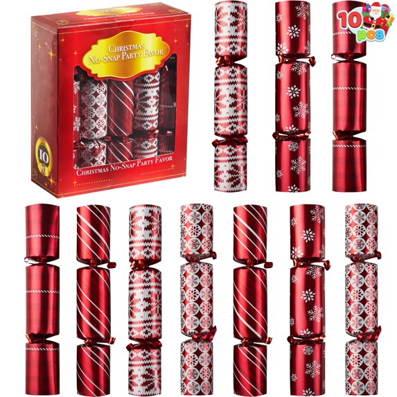 Joyfy 10" Christmas Crackers Party Table Favor, 10 Pcs No Snap Red Snowflake Design, with Party Hat Joke & Little Gift for Xmas Holiday Dinner Traditions