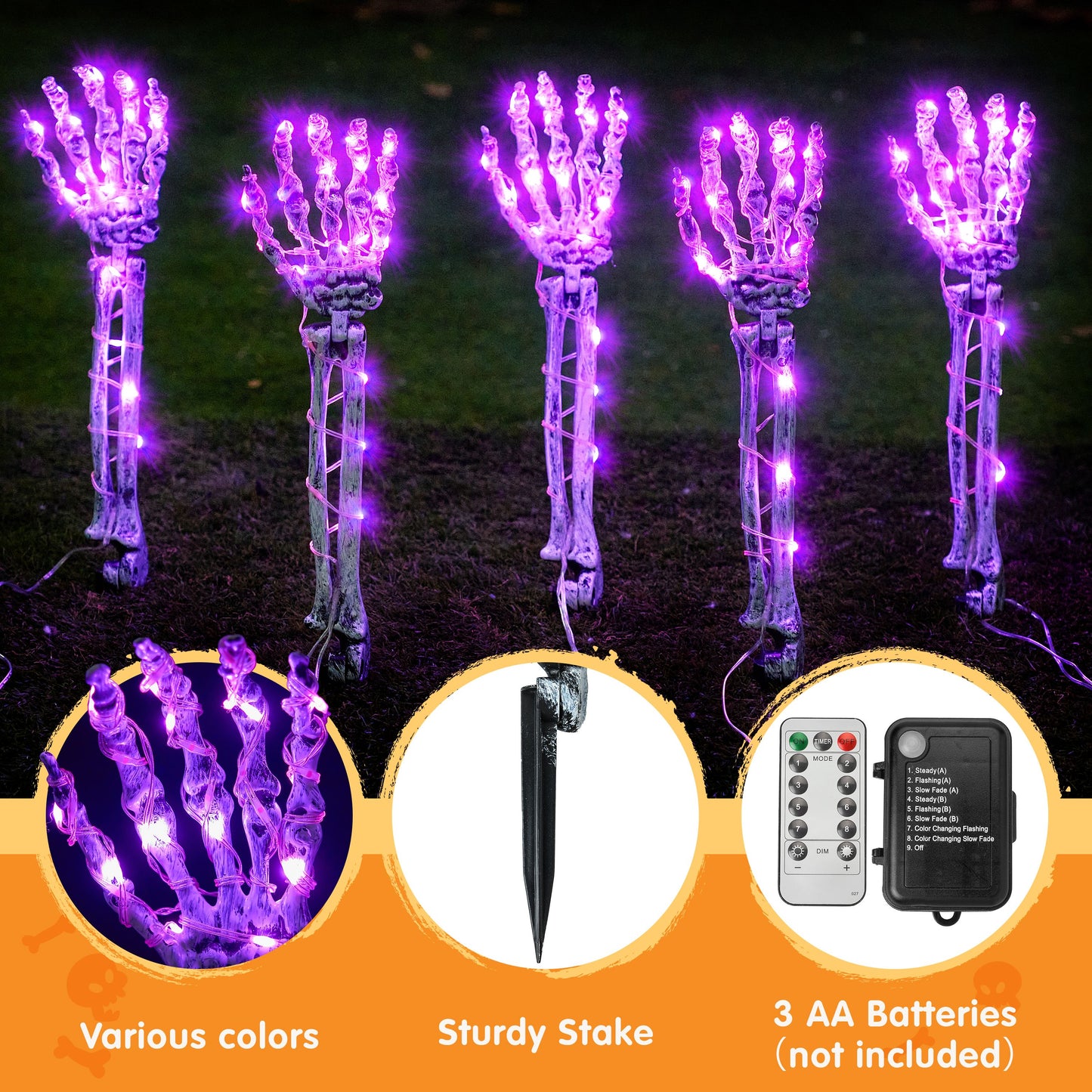 Syncfun 5 Pack Halloween Decorations Lighted Skeleton Arm Stakes,10 FT 150 LED Waterproof Skeleton LED Hands with 8 Lighting Modes,Scary Halloween Party Props Outdoor Yard Decor