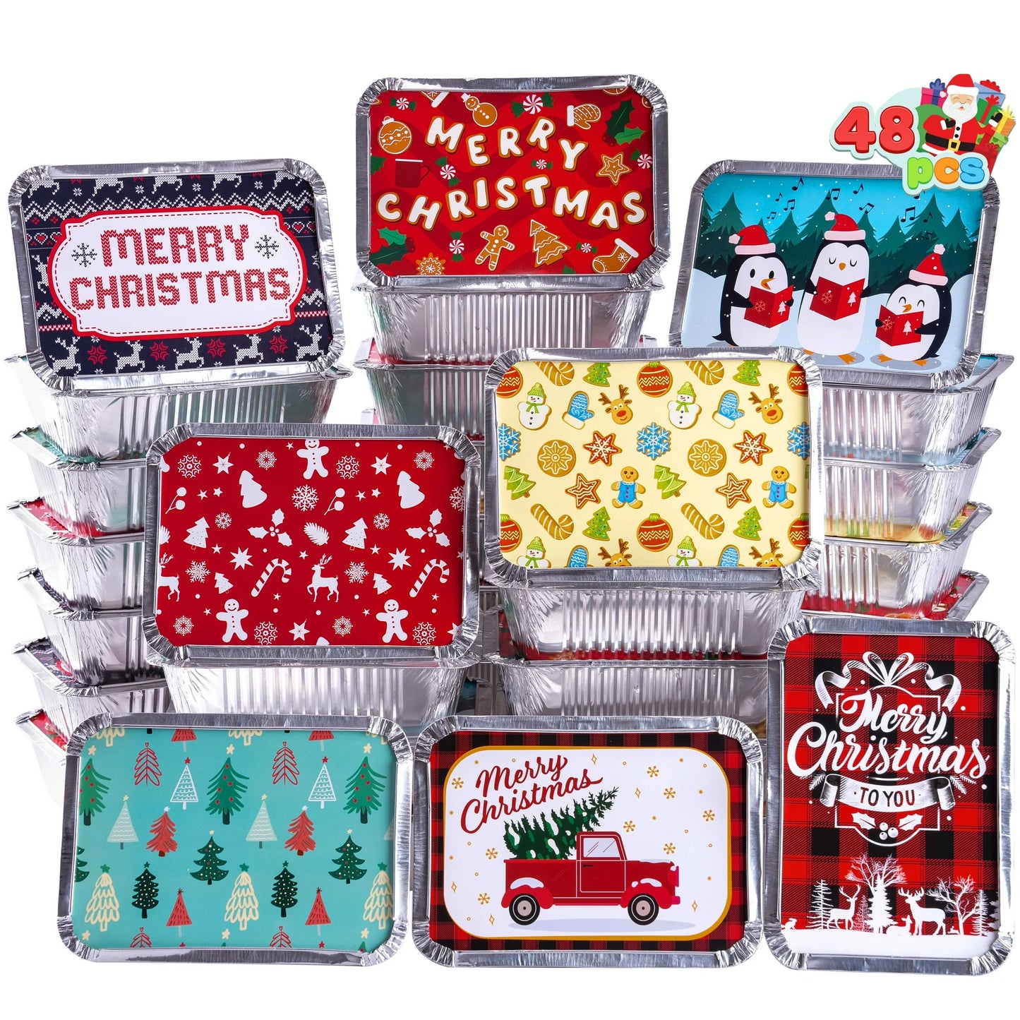 SYNCFUN 48 Pcs Christmas Foil Containers with Lid, Aluminum Foil Pans with Lids, 7"x5"x2" Disposable Foil Pans with Covers, Food Containers Great for Baking, Cooking, Heating, Storing, Prepping Food