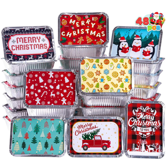 SYNCFUN 48 Pcs Christmas Foil Containers with Lid, Aluminum Foil Pans with Lids, 7"x5"x2" Disposable Foil Pans with Covers, Food Containers Great for Baking, Cooking, Heating, Storing, Prepping Food