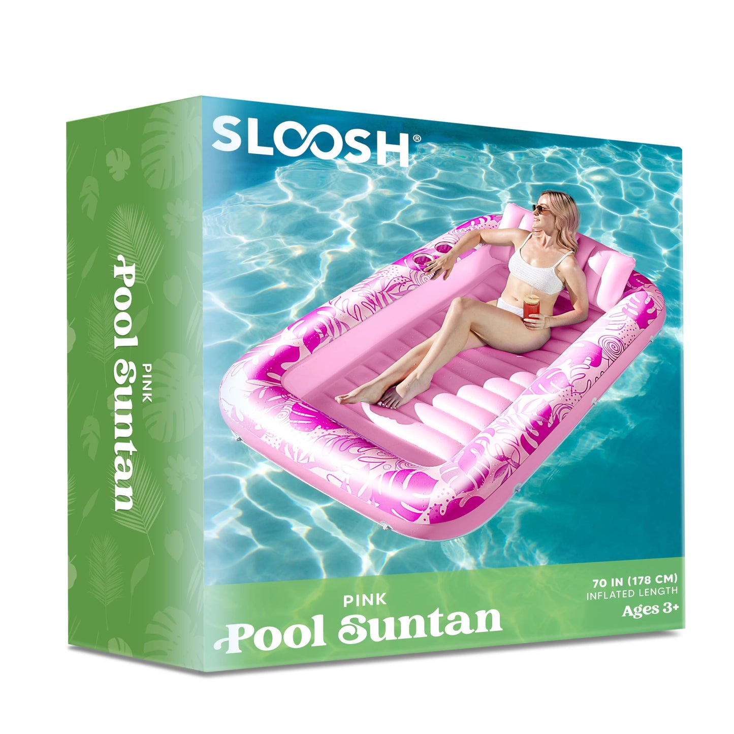 Sloosh Inflatable Tanning Pool Lounger Float, 70" x 46" Large Suntan Tub with Pillow, Water Raft Float For Kids & Adults Pink