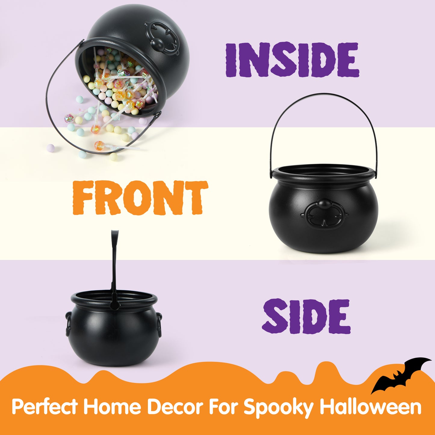 Joyfy 1 Pack Halloween Cauldron with Handle,Large Halloween Candy Bucket Basket Candy Bowl Halloween Bucket Plastic Cauldron Trick or Treat Bucket