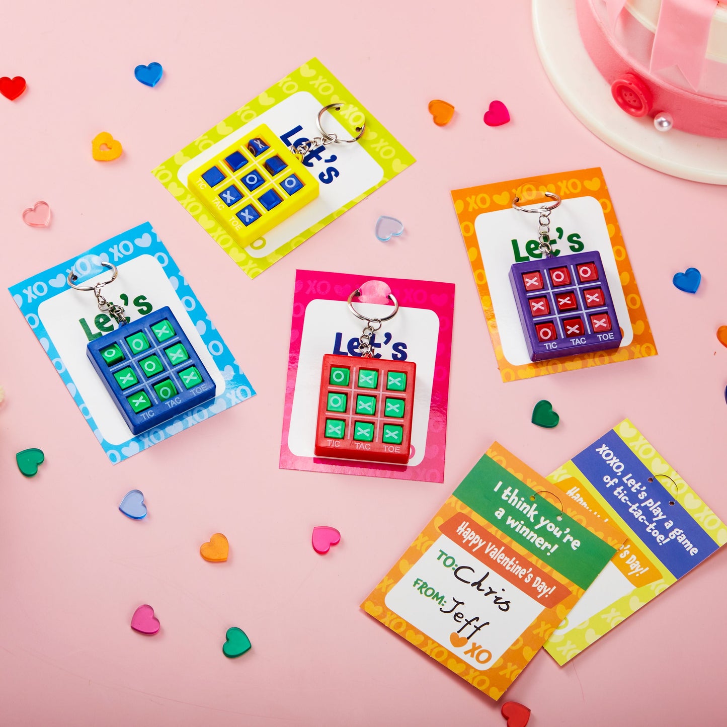 28 Packs Valentine's Day Cards with Tic-Tac-Toe Keychain, Valentines Days Keychain Set for Kids Party Favor, Classroom Exchange Prizes, Valentine’s Greeting Cards