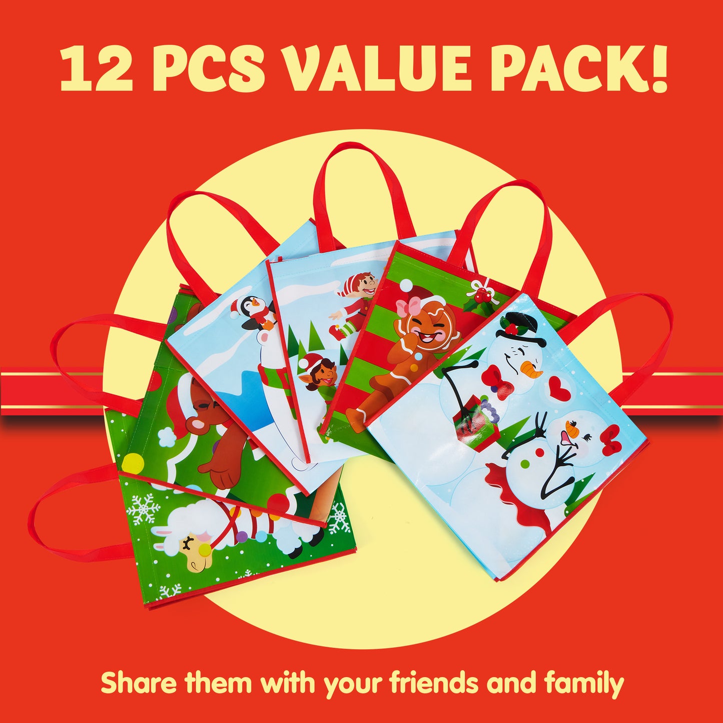 Joyfy 12 Pcs Christmas Tote Bags, Holiday Reusable Grocery Bags for Classroom Party Favor Supplies, Christmas Shopping Bags, Xmas Party Supplies Bags