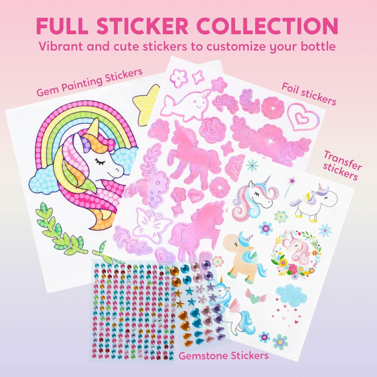 Joyfy Unicorn DIY Water Bottle Art and Craft Kit ,20 oz Girl's Water Bottle with Gem Stickers