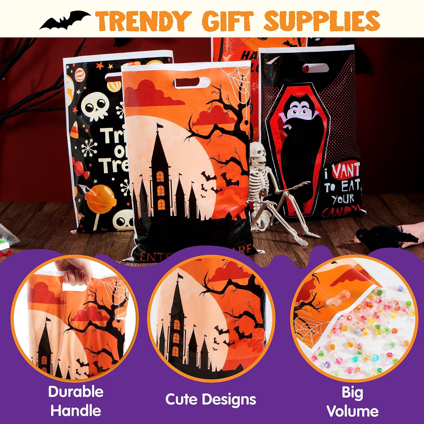 SYNCFUN 72 Pcs Halloween Treat Bags Goodie Bags Plastic Halloween Candy Bags Trick or Treat Creepy Designs Halloween Bags for Kids Trick or Treat,Classroom Goody Bags