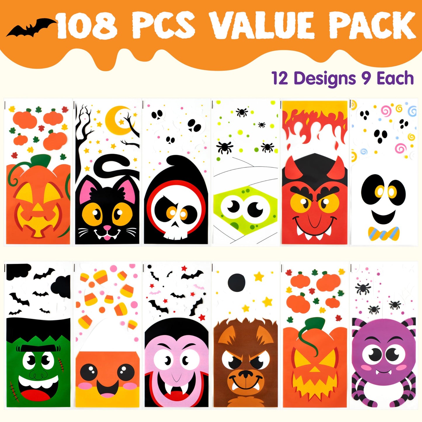 Joyfy 108 Pcs Halloween Treat Bags Cellophane Bags with Twist Ties,Goodie Bags for Snack Cookie Candy,Halloween Gift Trick or Treat Bags,Halloween Party Supplies