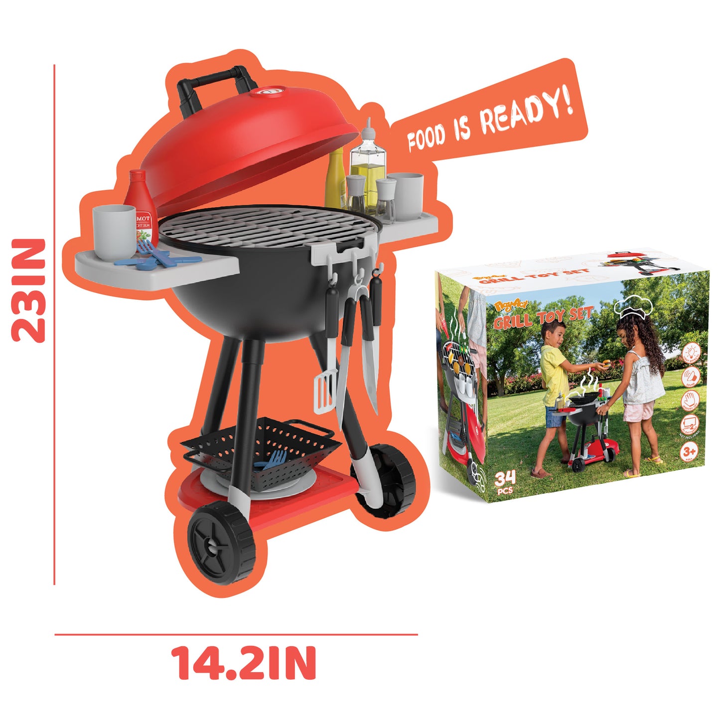 SYNCFUN 34 Pcs Kids Kitchen Playset, Toy BBQ Grill Set, Play Food Cooking Toy Set for Toddlers 1-3-5