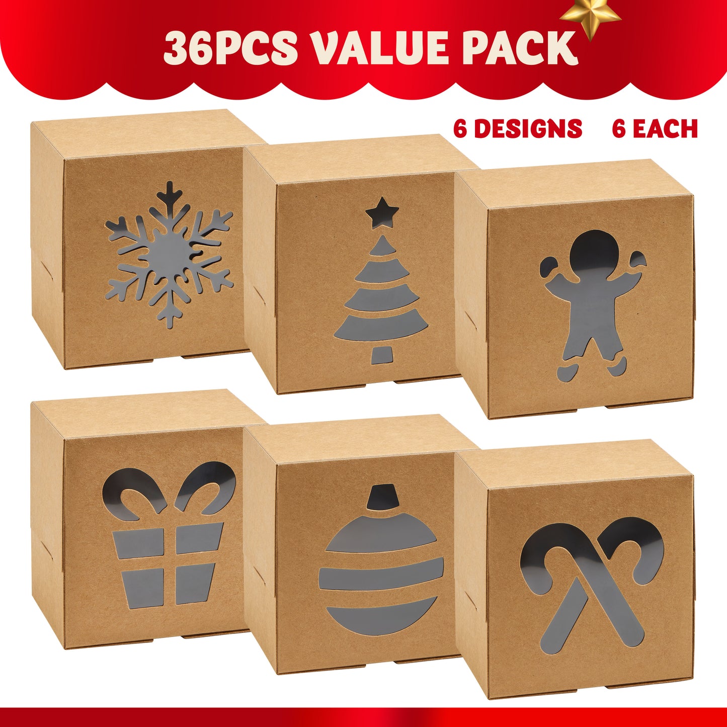 Joyfy 36 Pcs Christmas Cookie Boxes, Brown Kraft Treat Boxes with Window 4" x 4" x 2.5" Bakery Gift Warpping Box for Xmas Holiday Party Favor Pastries, Cupcakes, Cookies Donuts Gift-Giving