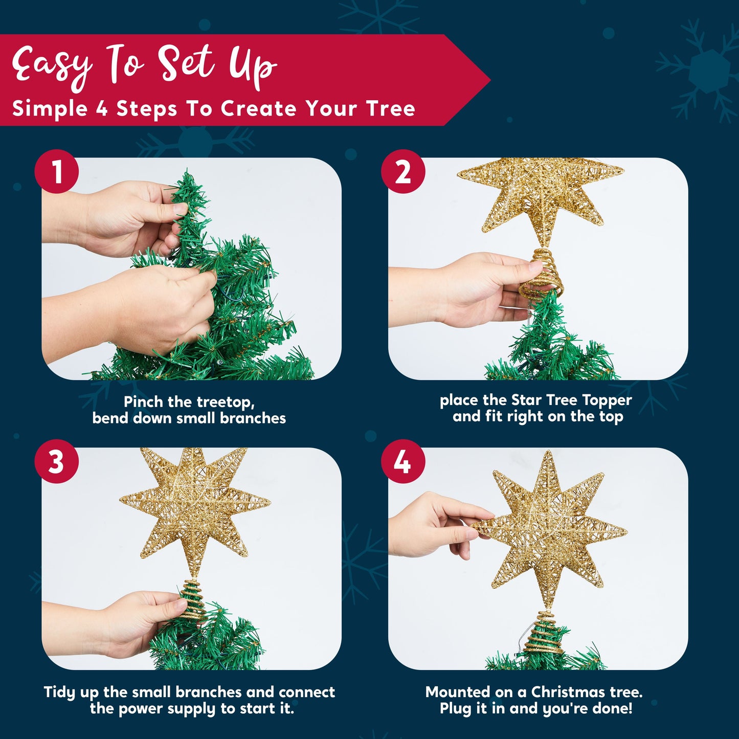 Joyfy Christmas Tree Topper,20 LED Gold Glitter 8-Point Star with Lights,Light Up Tree Topper Christmas Decorations Xmas Tree Decorations
