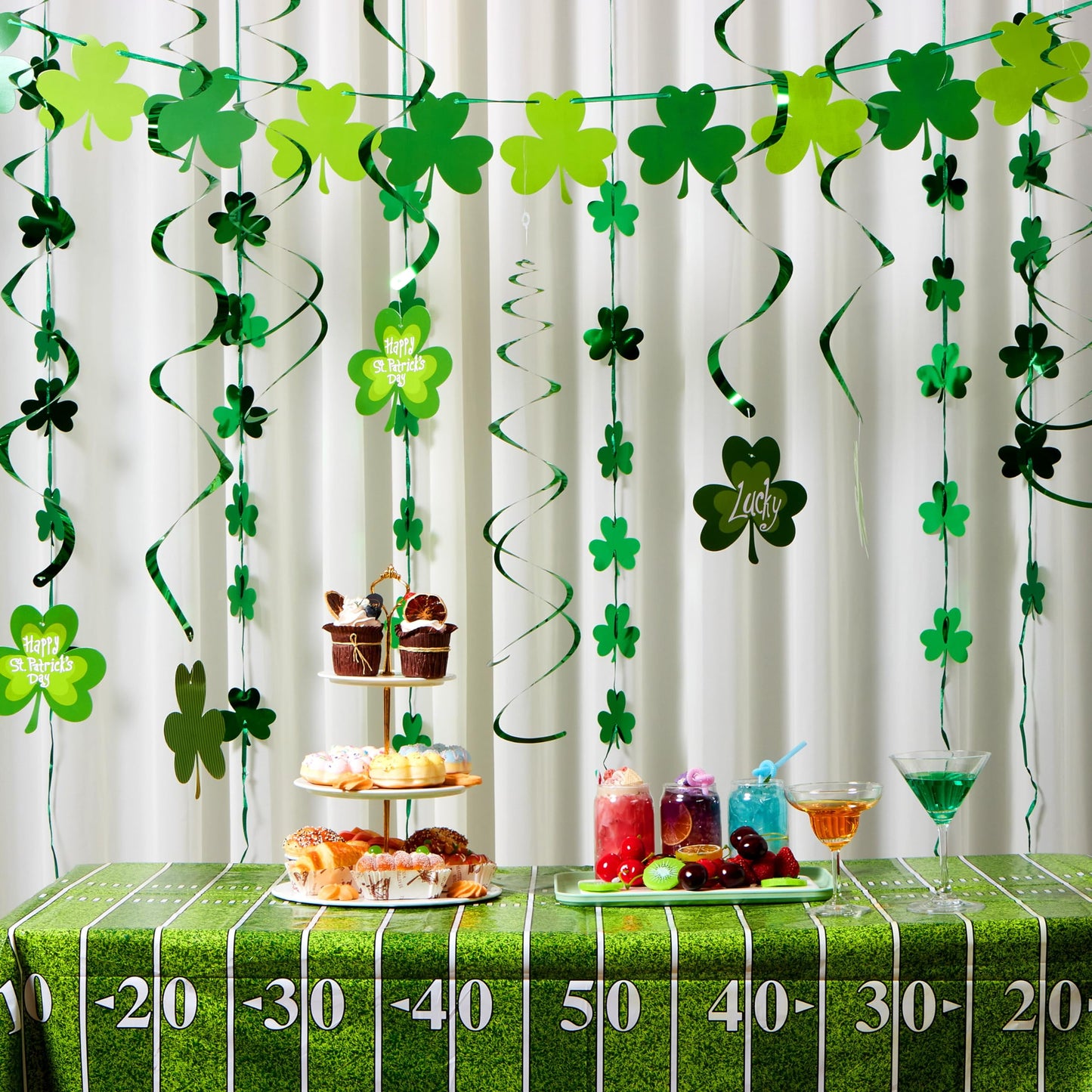 27 pieces of St. Patrick's Day decorations, featuring Irish St. Patrick's green clover foil strings and hanging vortices with Garland
