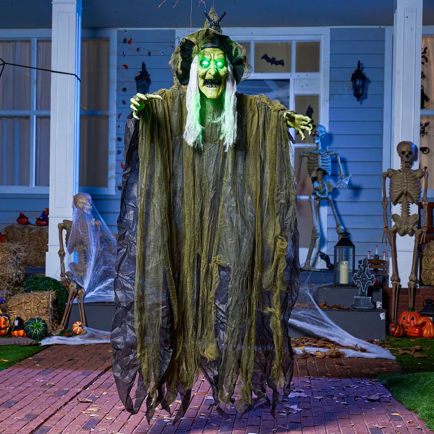 Syncfun 67 Inch Animated Halloween Witch Decoration,Outdoor Brown Ragged Robe Green Face Witch with Light and Sound Decoration for Halloween Outdoor Decor