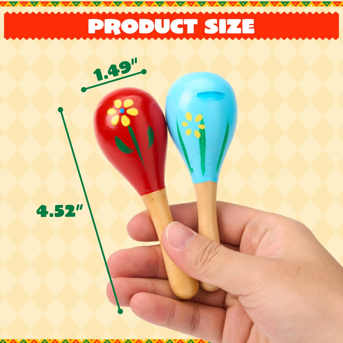 24 pieces of Cinco De Mayo children's mini wooden Malakas, carnival party gifts, and baby Malakas colored Malakas with wooden tambourines