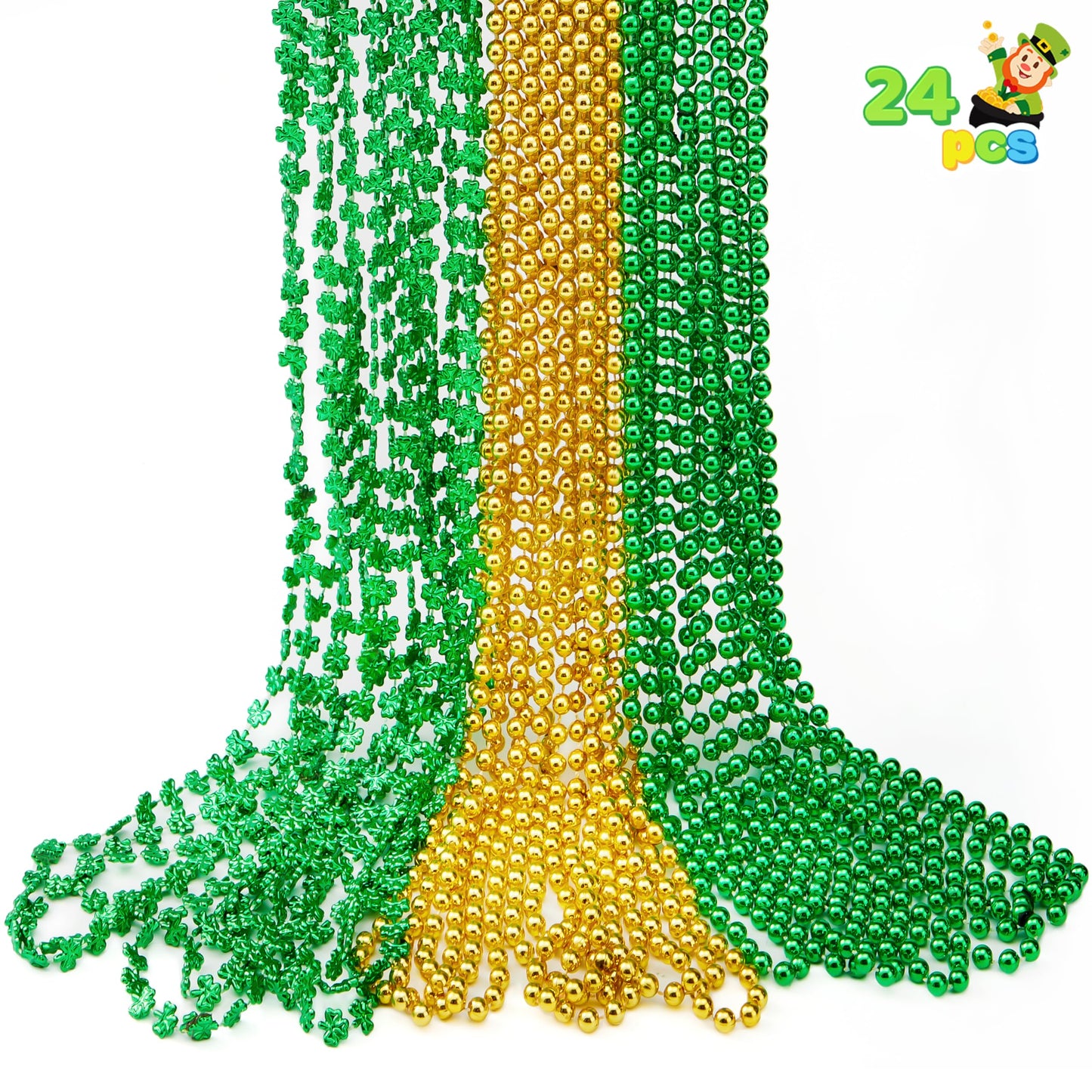 24 St. Patrick's Day necklace set, 8 green bead necklaces, 8 gold bead necklaces