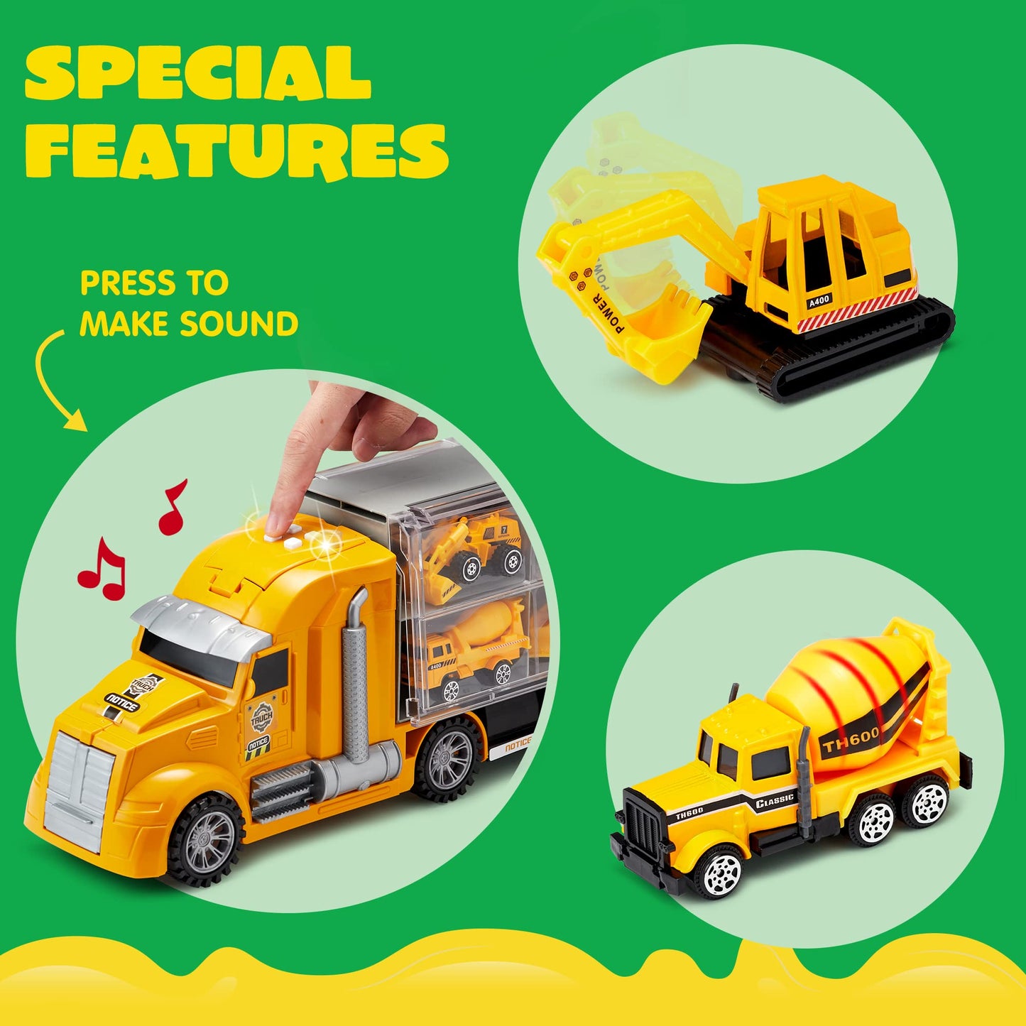 Syncfun 25 in 1 Die-cast Construction Play Vehicle Set, Vehicles with Sounds and Lights in Carrier Truck, Push and Go Car Toy, Kids Birthday Gifts for 3 4 5 6 Years Old Boys