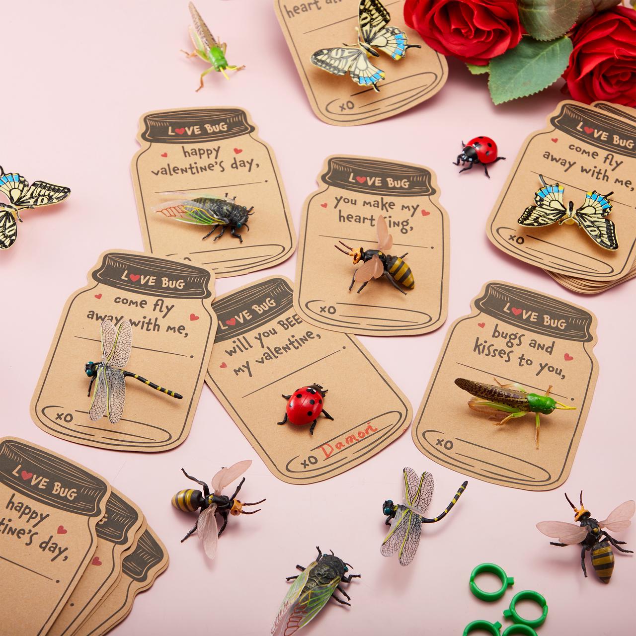 30 Pcs Valentines Day Gift Cards Realistic Bug Toy Set for Kids Valentine's Classroom Exchange Party Favor Toys, Valentine Gift Exchange