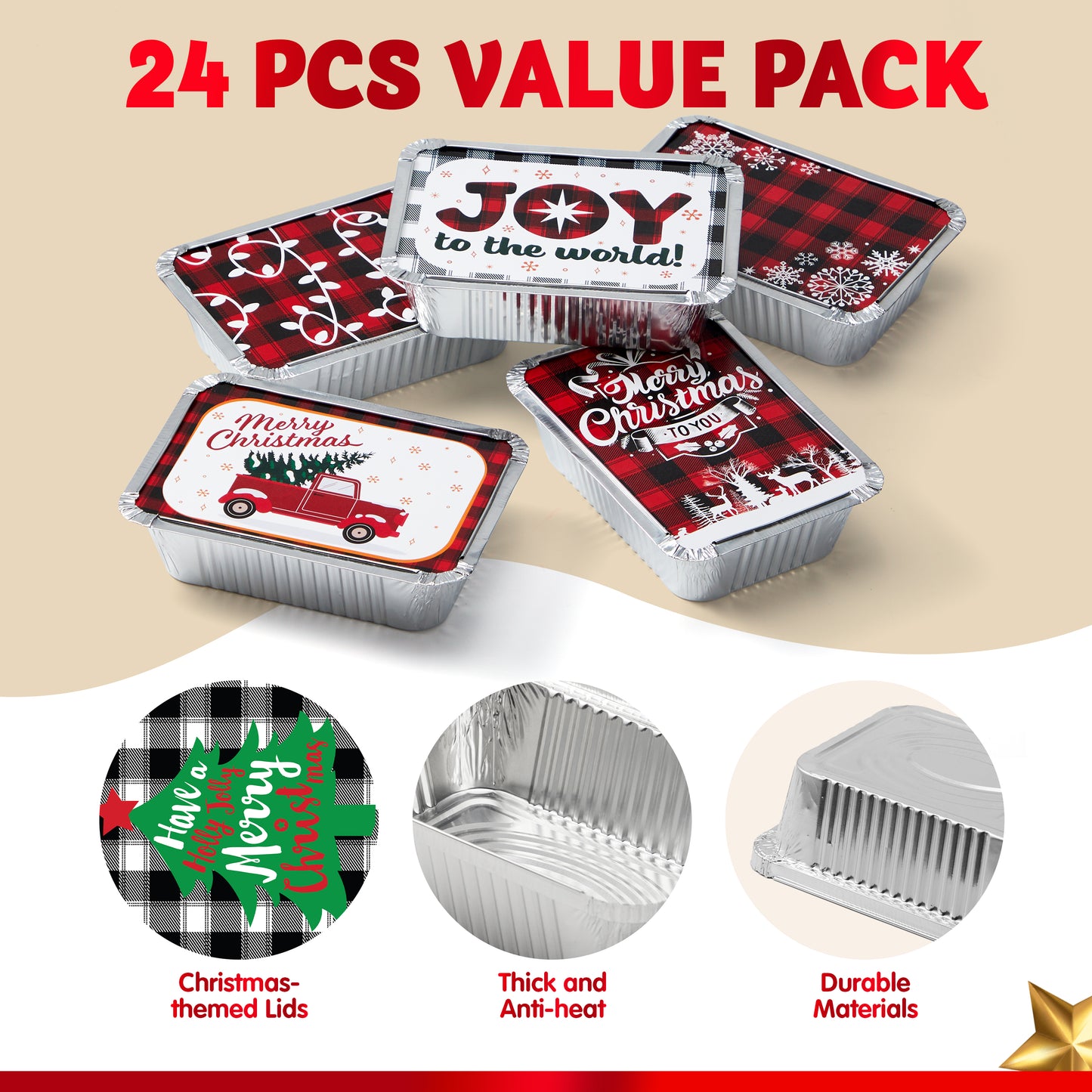 SYNCFUN 24 Pcs Christmas Foil Containers with Lid, Aluminum Foil Pans with Lids, 7"x5"x2" Disposable Foil Pans with Covers, Food Containers Great for Baking, Cooking, Heating, Storing, Prepping Food