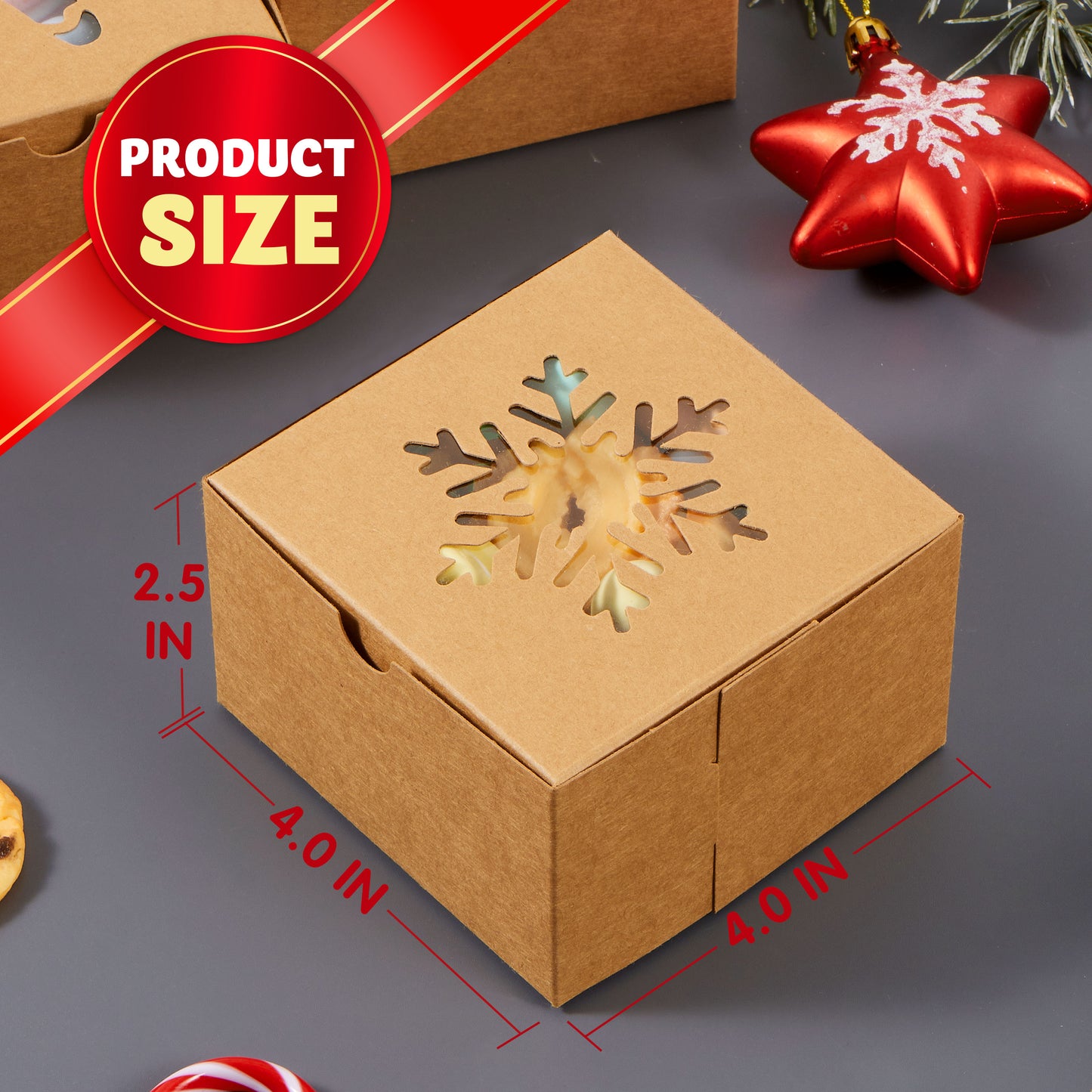 Joyfy 36 Pcs Christmas Cookie Boxes, Brown Kraft Treat Boxes with Window 4" x 4" x 2.5" Bakery Gift Warpping Box for Xmas Holiday Party Favor Pastries, Cupcakes, Cookies Donuts Gift-Giving