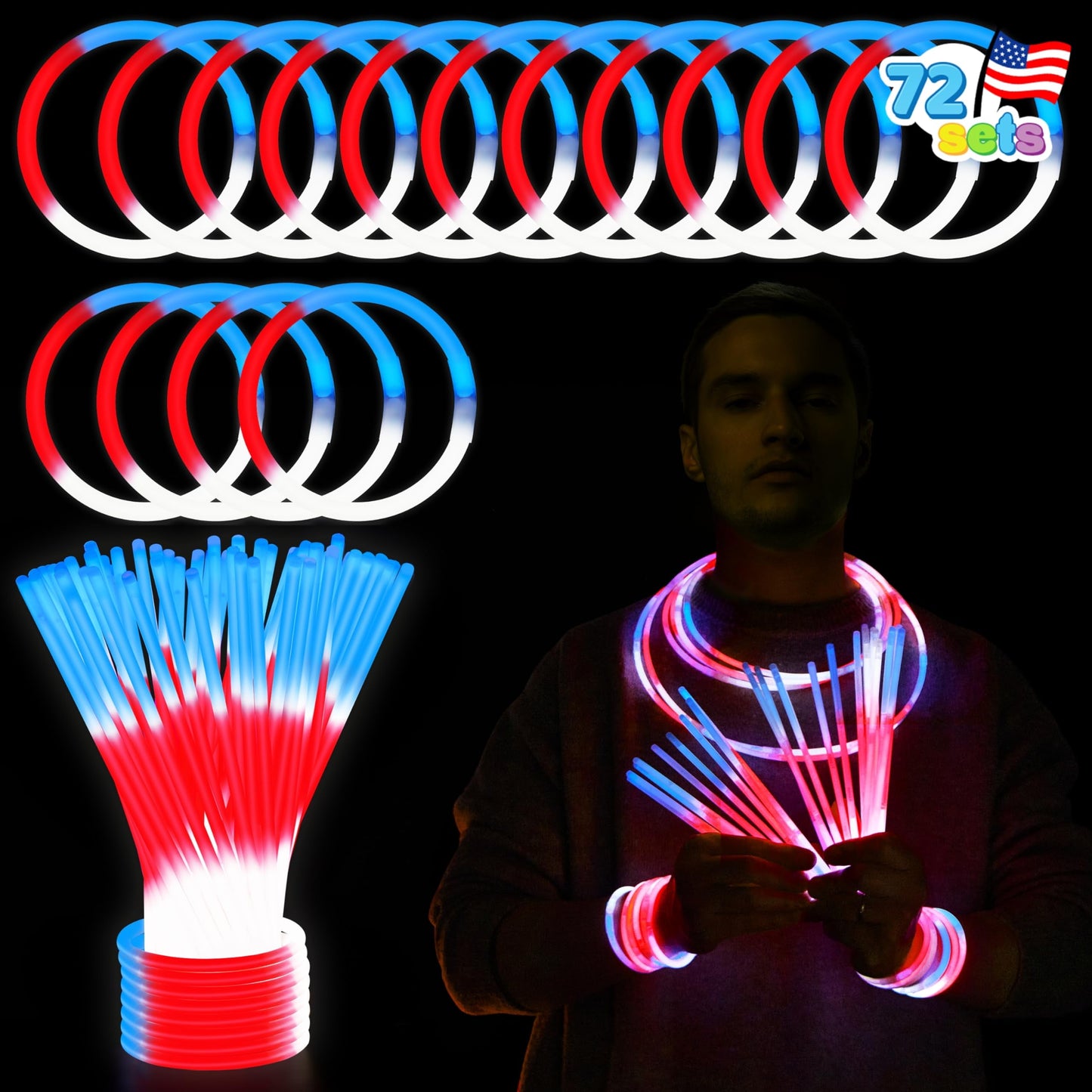 72 July 4th glow sticks, loose, with connectors, red, white, and blue glow sticks, children's and adult glow bracelets and necklaces