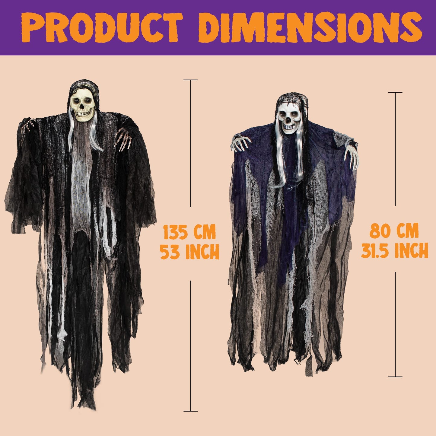 Joyfy 3 Pack Halloween Hanging Ghosts,Scary Skeleton Ghosts Grim Reapers Decorations for Halloween Indoor Outdoor Yard Home Decorations