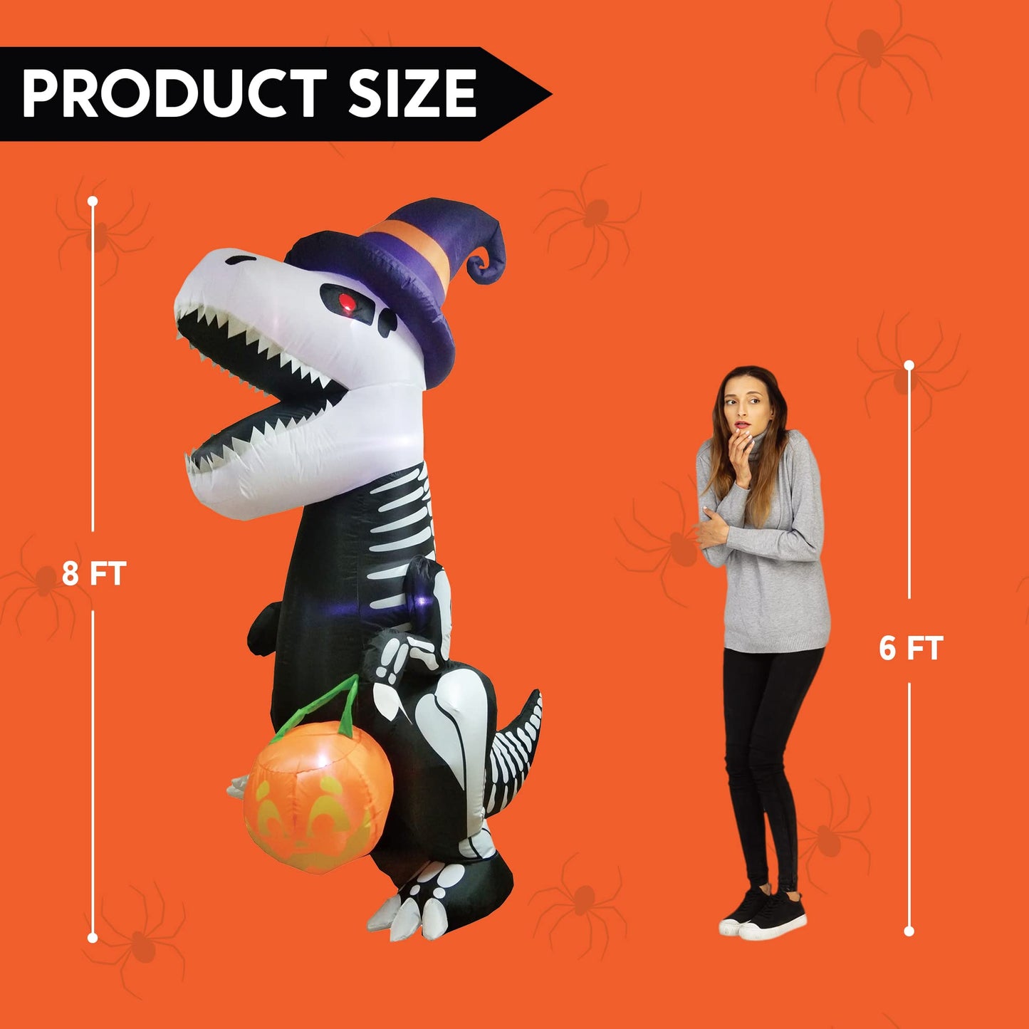 Syncfun 8 FT Halloween Inflatable Skeleton Dinosaur with Build-in LEDs Pumpkin Decorations,Halloween Outdoor Decorations Blow up Yard Decorations