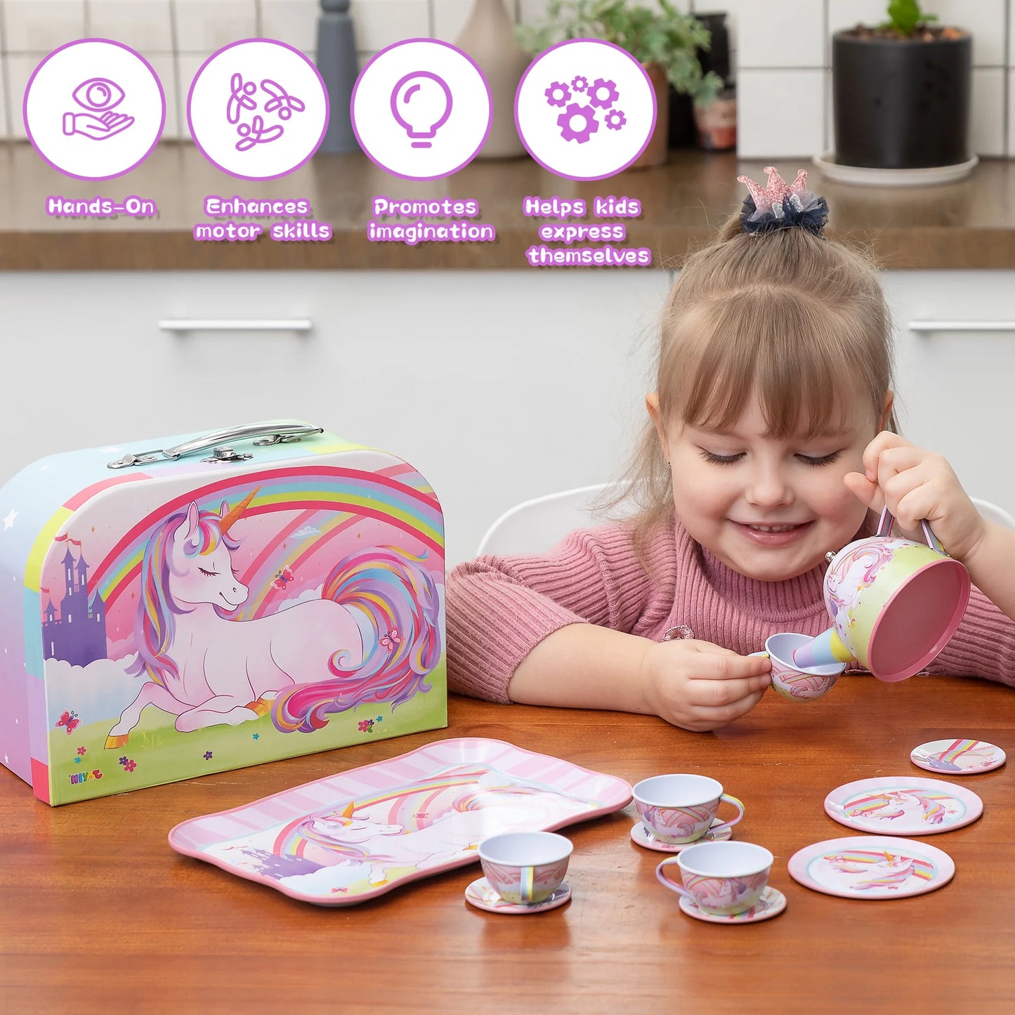 SYNCFUN Kid Tea Set, Unicorn Tea Party Set for Girls, Princess Pretend Play Tin Teapot Set Kitchen Toy for Kids Toddlers 2 3 4 5 6 Years Old, Pink