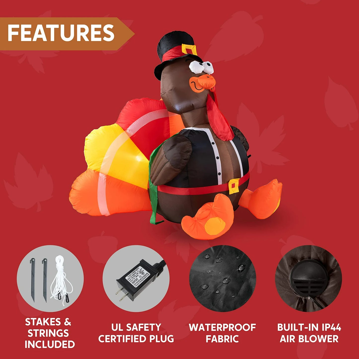 Joyfy 6FT Thanksgiving Inflatable Turkey with Pilgrim Hat and LED , Perfect for Thanksgiving Yard Inflatable Decorations