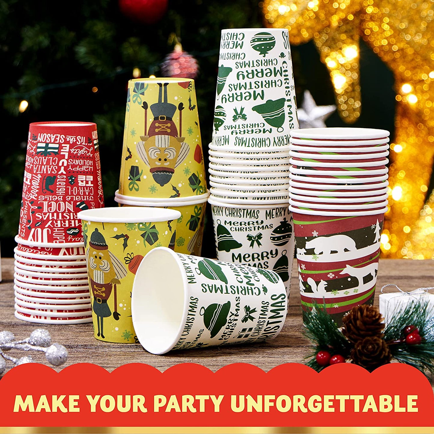 Joyfy 48 Pcs Christmas Paper Cup with Holiday Design, 9 oz Xmas Disposable Dinnerware Cups Party Supplies for Hot and Cold Beverages, Coffee Cups