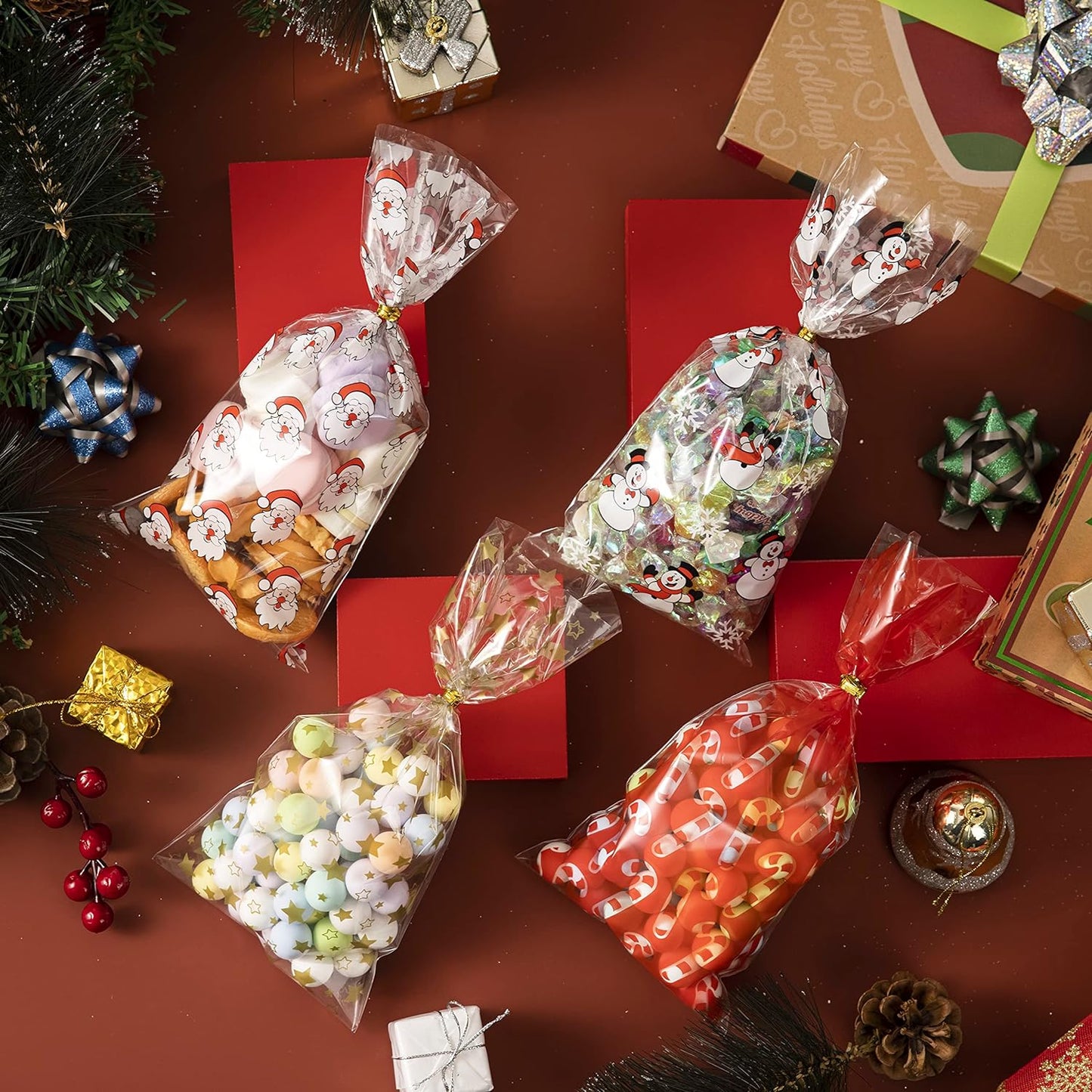 Joyfy 144 Pcs Christmas Cellophane Bags with Ribbon Candy Cookie Bags for Holiday Treats, Christmas Party Favors Supplies, Christmas Clear Cello Gift Bags, Xmas Goodie Bags