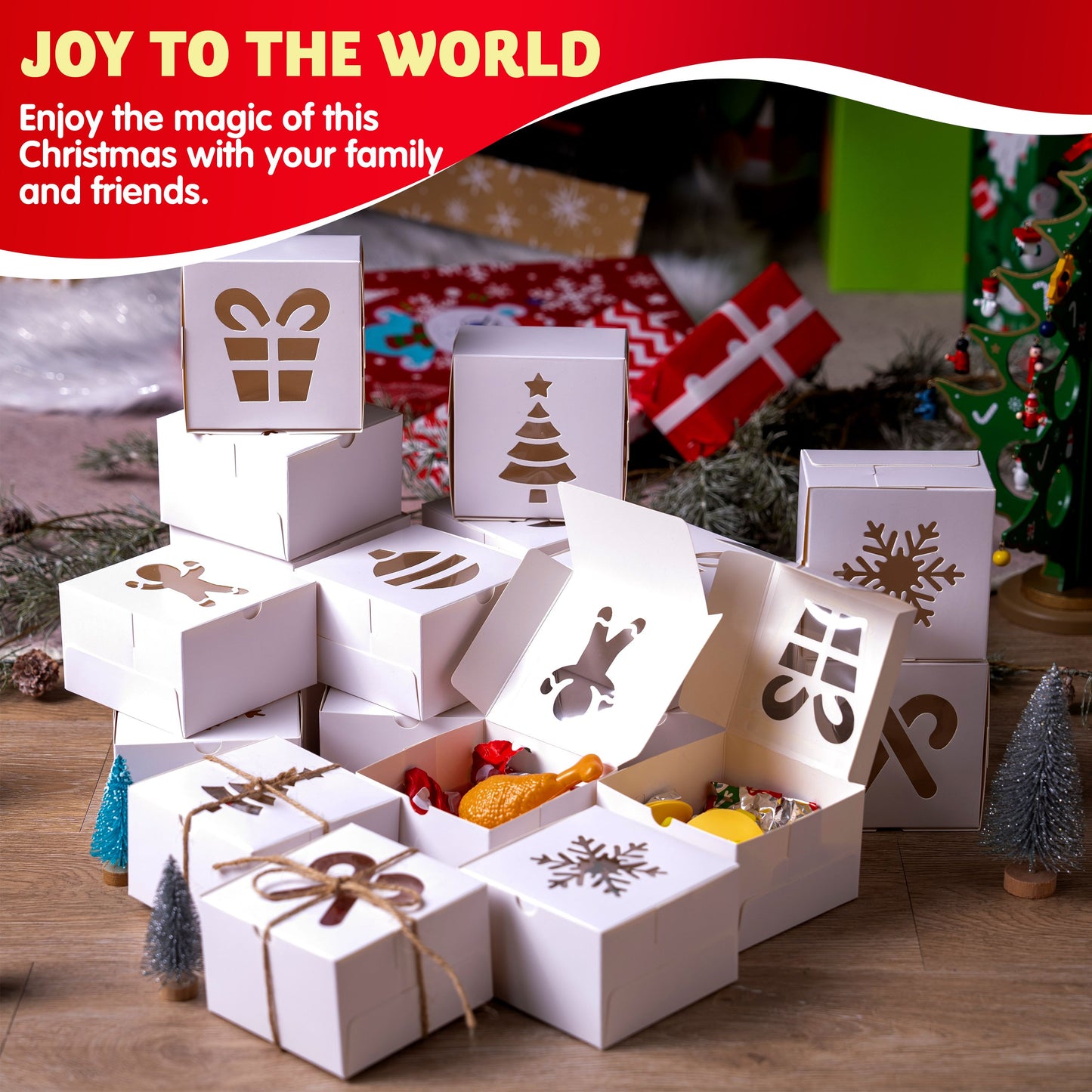 Joyfy 36 Pcs Christmas Cookie Boxes, White Treat Boxes with Window 4" x 4" x 2.5" Bakery Gift Wrapping Box for Xmas Holiday Party Favor Pastries, Cupcakes, Cookies Donuts Gift-Giving