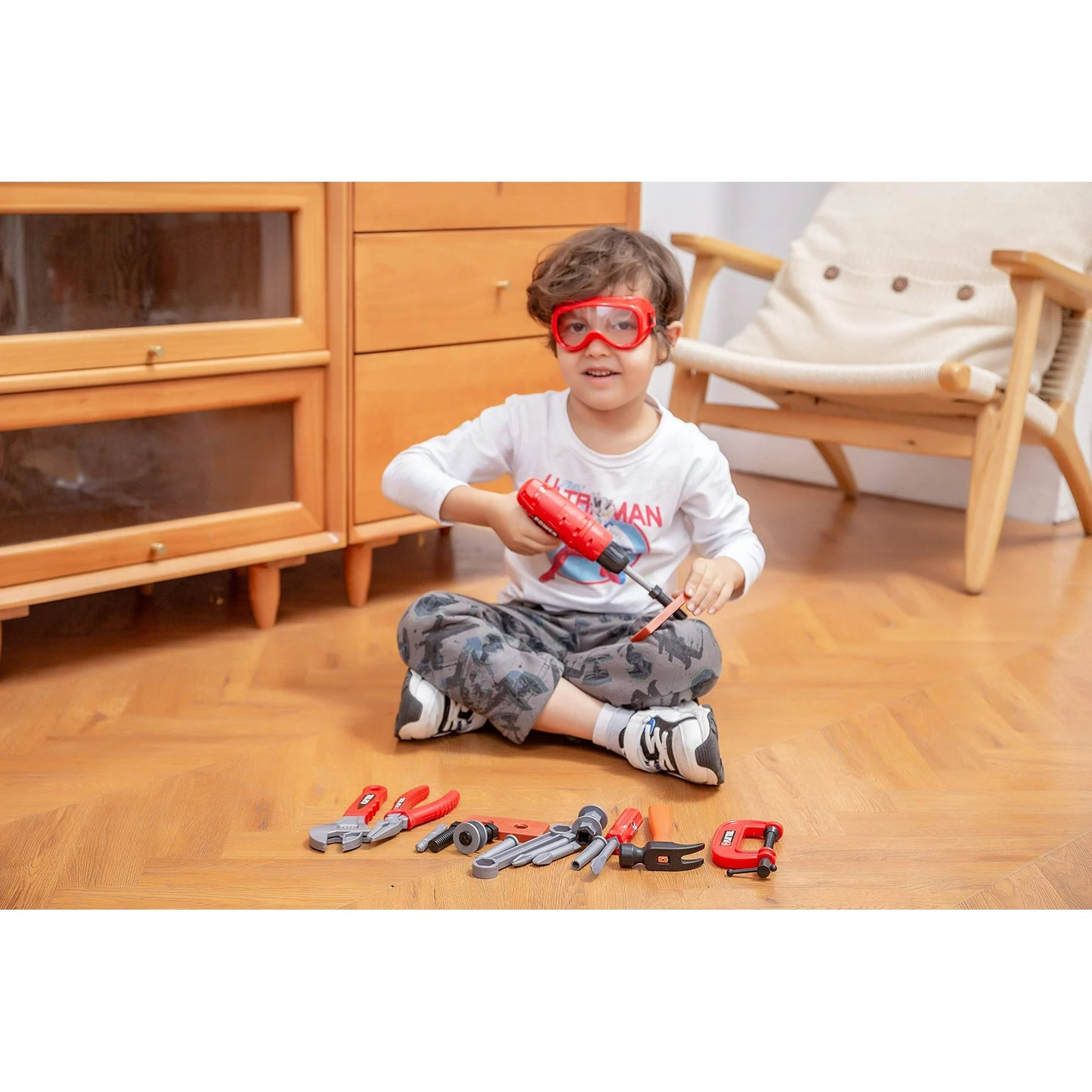 19Pcs Kids Tool Set, Pretend Play Toddler Power Toy Tool with Construction Tool Box & Electronic Toy Drill