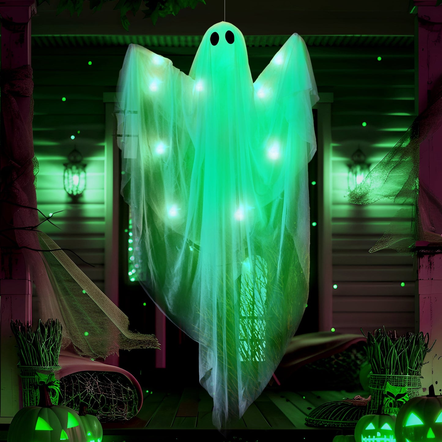 Joyfy 47 Inch Hanging Ghosts Halloween Decorations Outdoor,Light up White Ghosts with Spooky Green LED Light,Halloween Outdoor Yard Porch Decorations,Haunted House Decorations