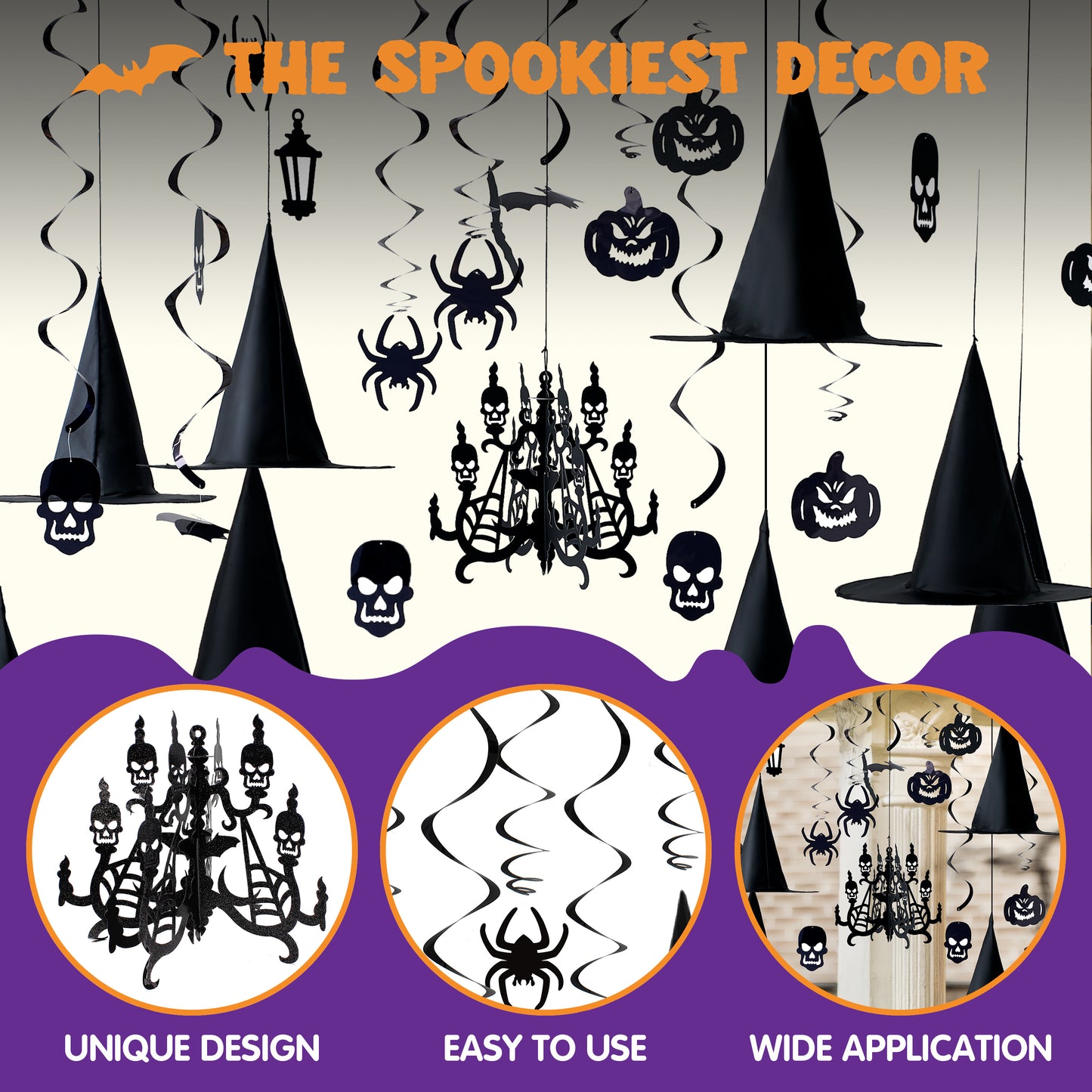 SYNCFUN 29 Pcs Halloween Hanging Swirl Decorations and Witch Hats,Halloween Decorations Indoor Birthday Party Supplies Decorations,Pumpkin Spider Ghost Decor