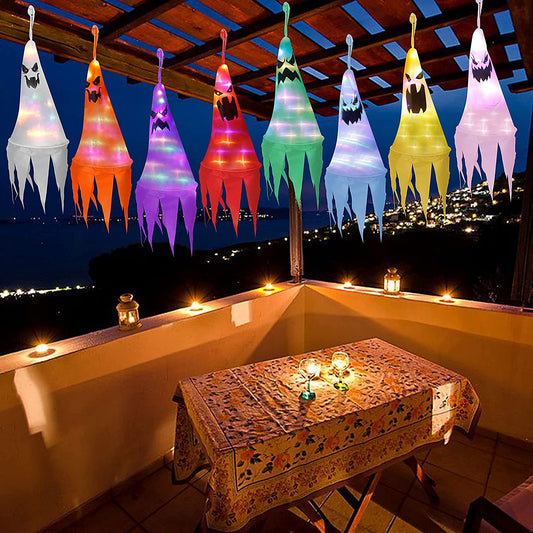 8 Pcs 24” Light-up Hanging Ghosts Halloween Decoration with Witch Hat Shapes for Yard Tree Garden Party Decorations,Multicolor