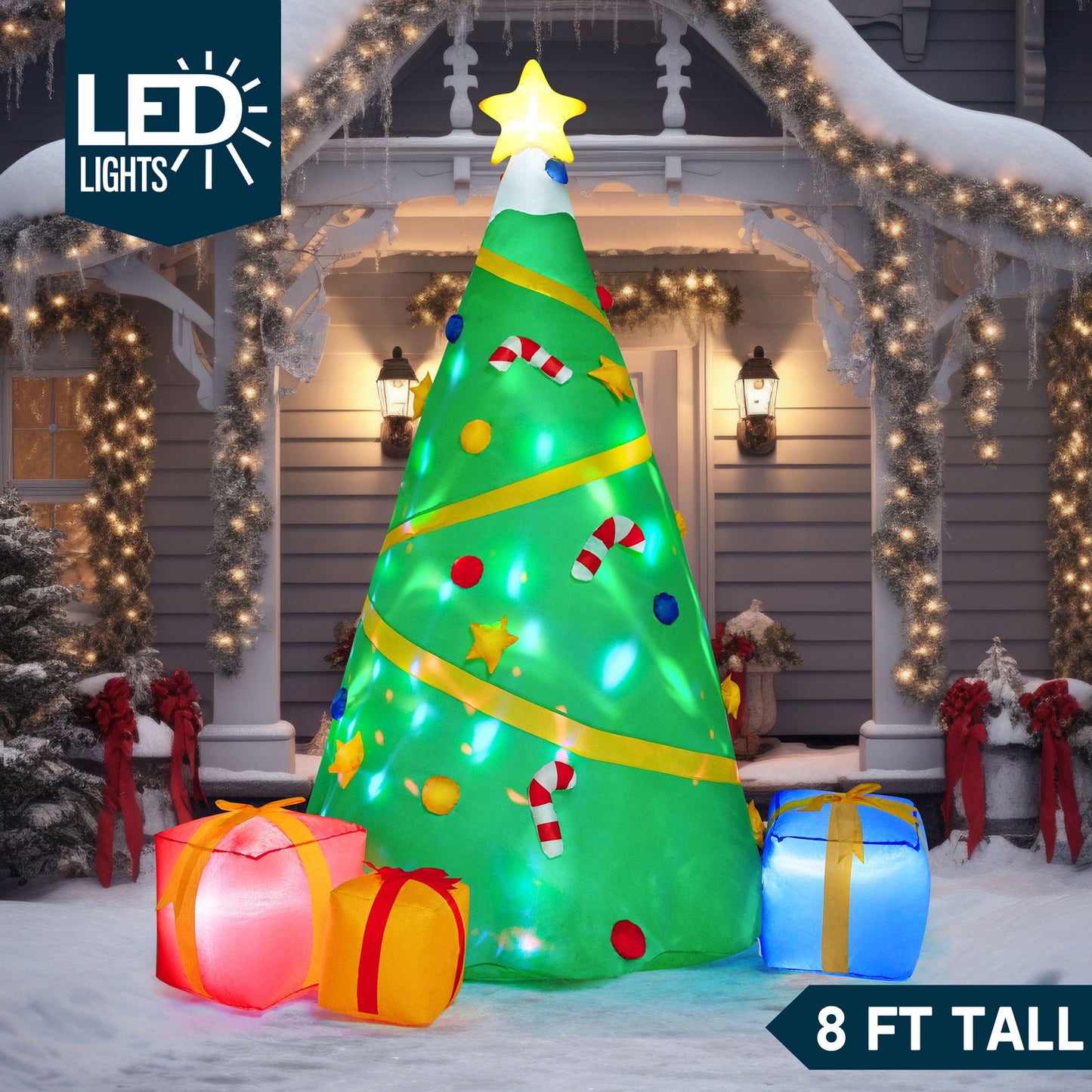 Joyfy 8 ft Christmas Inflatables Christmas Tree Outdoor Decorations,Giant Christmas Inflatable Tree Projection Blow Ups Yard with Built-in LEDs for Holiday Party Garden Lawn Decor