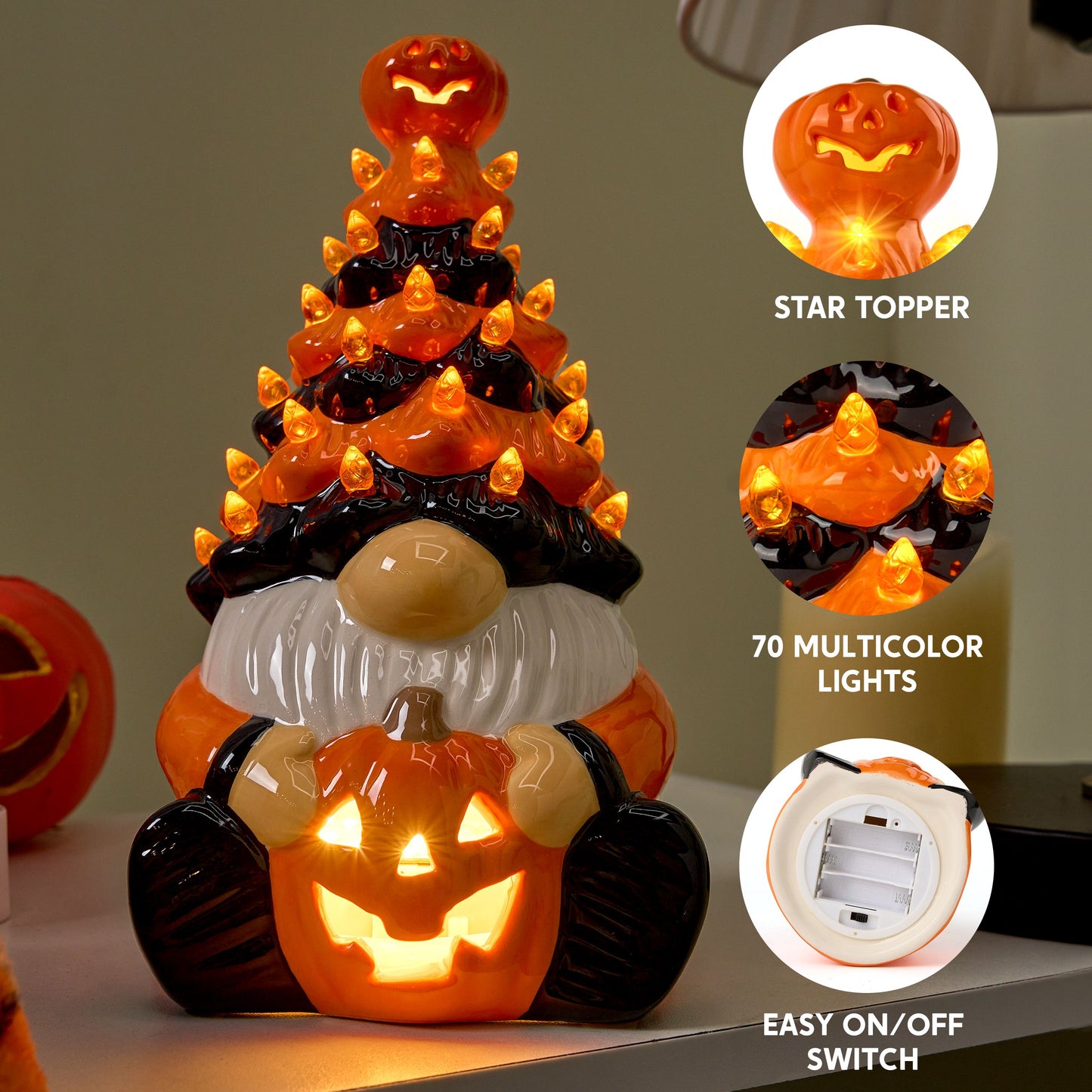 JOYIN 8.5 inch Halloween Decorations Ceramic Gnome Tree Decorations with Build-in LEDs,Light Up Pumpkin Table Decor Bedroom Indoor Centerpieces for Tables