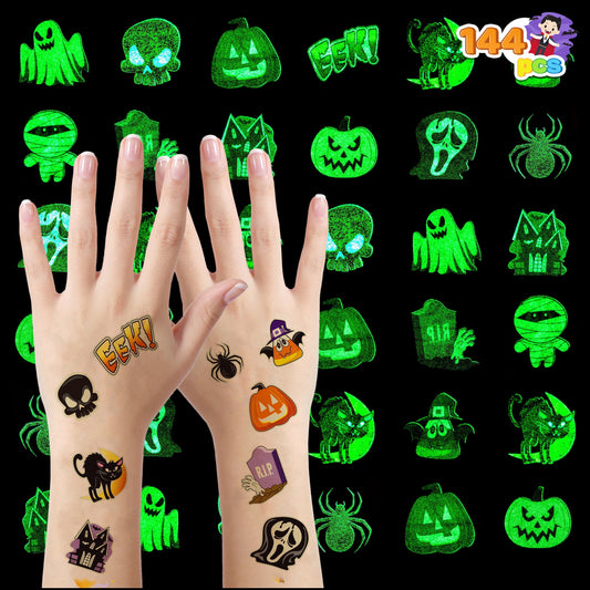Joyfy 144 Pcs Halloween Temporary Tattoos,Glow in The Dark Tattoos for Kids,Halloween Toys Bulk,Halloween Trick or Treat Toys,Halloween Party Favor