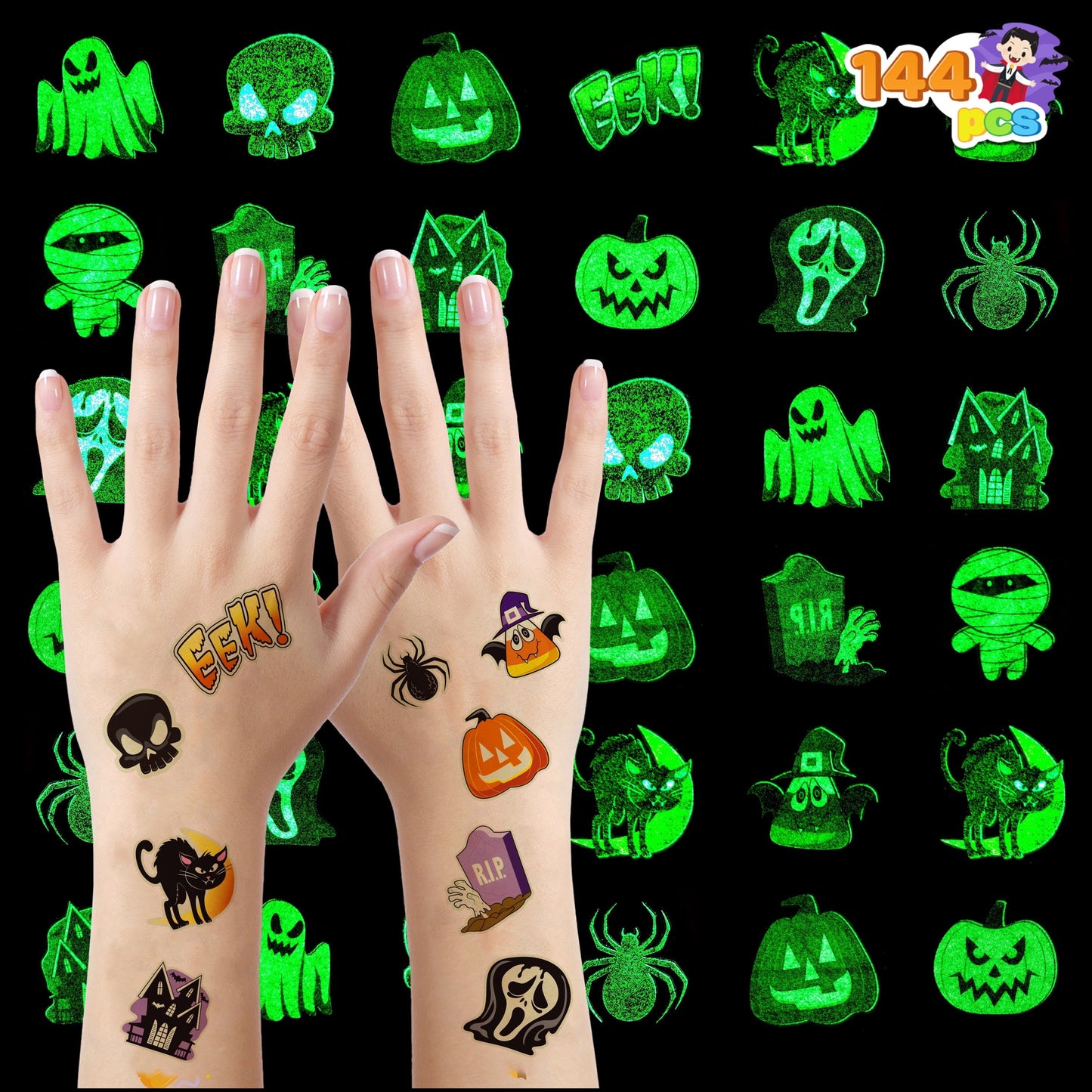 Joyfy 144 Pcs Halloween Temporary Tattoos,Glow in The Dark Tattoos for Kids,Halloween Toys Bulk,Halloween Trick or Treat Toys,Halloween Party Favor