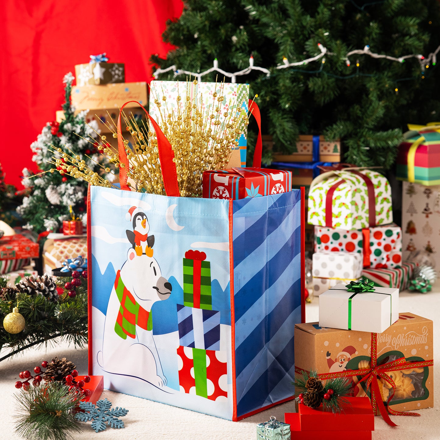 Joyfy 12 Pcs Christmas Tote Bags, Holiday Reusable Grocery Bags for Classroom Party Favor Supplies, Christmas Shopping Bags, Xmas Party Supplies Bags