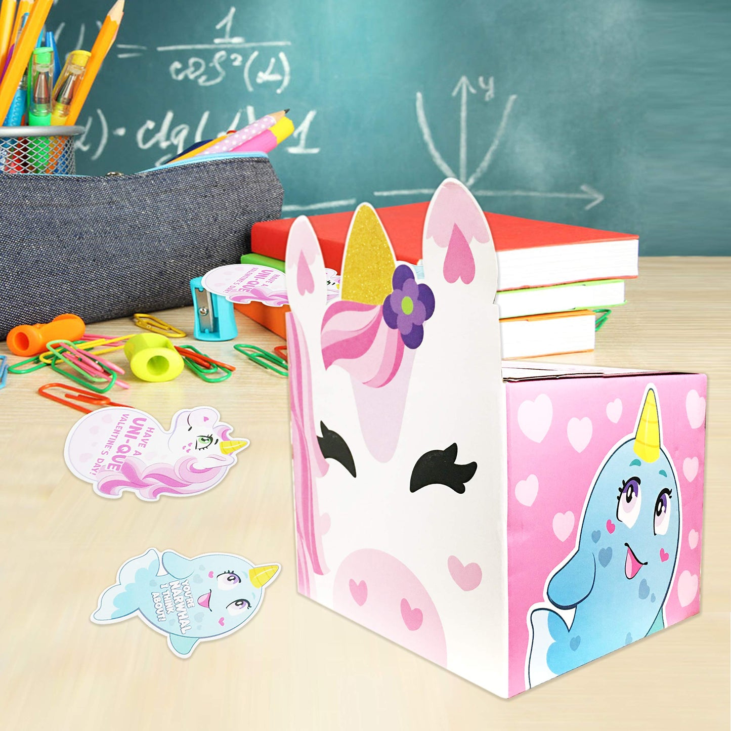 Valentine boxes Unicorn Classroom Mailbox with Cards for Kids Party Favor, Classroom Exchange Prizes Including 1 Unicorn Mailbox and 28 Valentine Cards