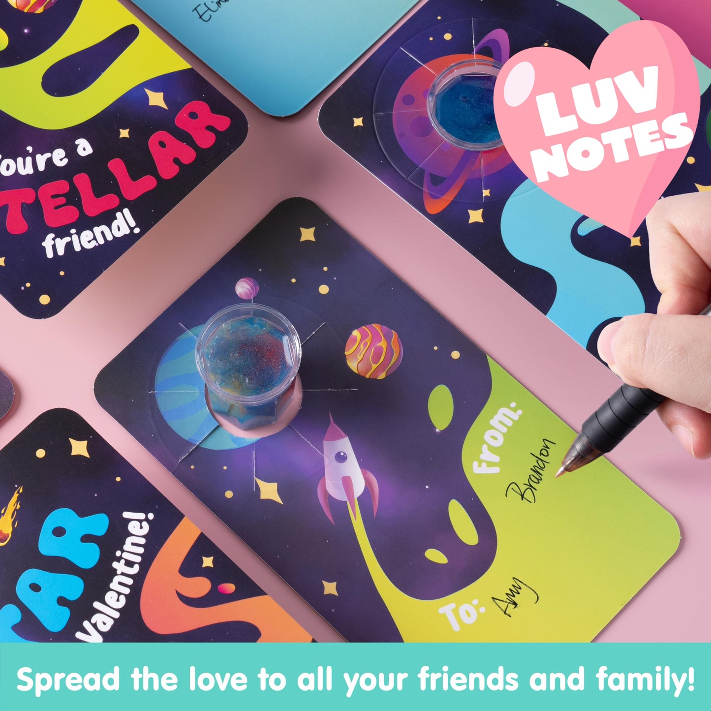30 Pack Valentines Day Gift Cards with Galaxy Slime Stress Relief Fidget Toy for Kids Party Favor, Classroom Exchange Prizes,Valentine Exchange Gifts, Valentine’s Greeting Cards