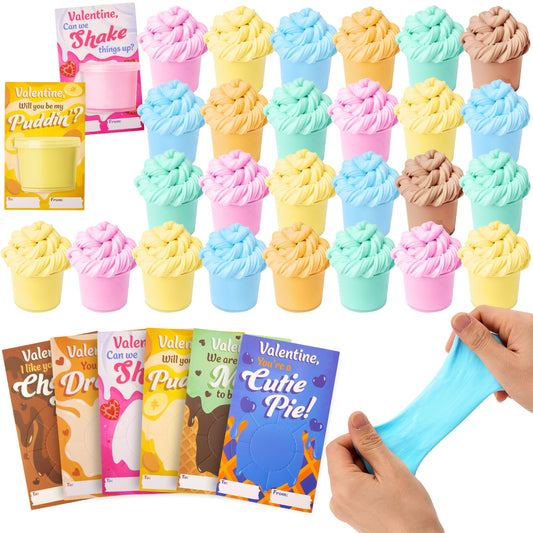 30 Packs Valentines Day Cards with Butter Slime, 6 Colors Valentines Slime Party Favors, Stress Relief Fidget Toys and Gift Cards for Kids Valentine's Day Classroom Exchange Gift, Prizes